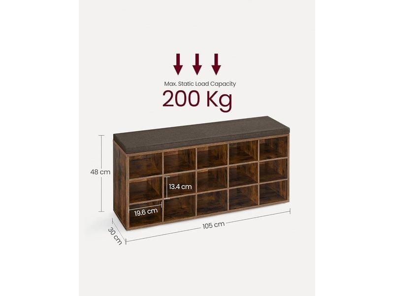 VASAGLE Schuhschrank Industrial 105 x 48 cm, Braun Schuhregal mit Sitzfläche