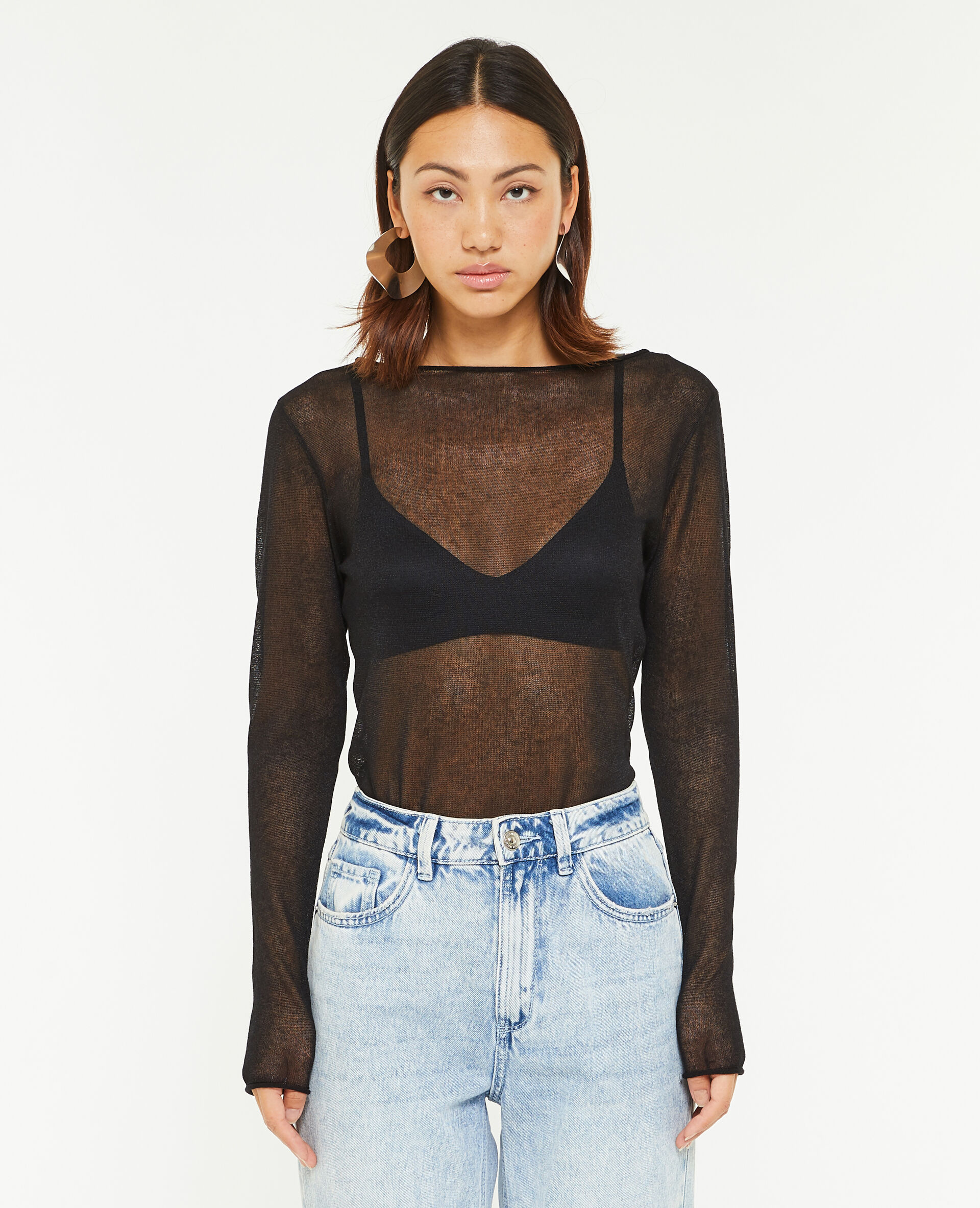 Top manches longues en maille transparente - Noir