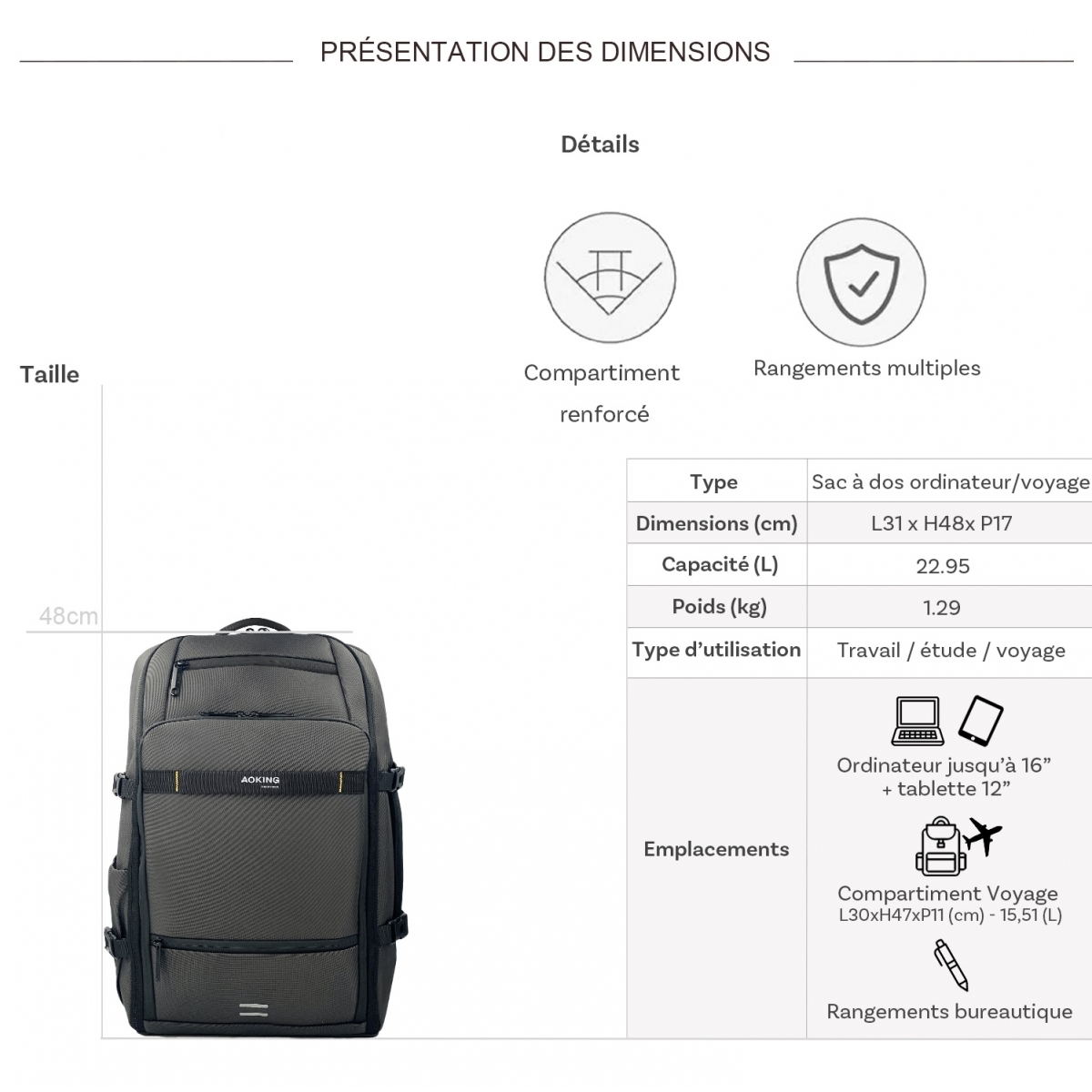Bleucerise Sac à dos porte-ordinateur et voyage extensible Aoking Bleu Cerise 16''