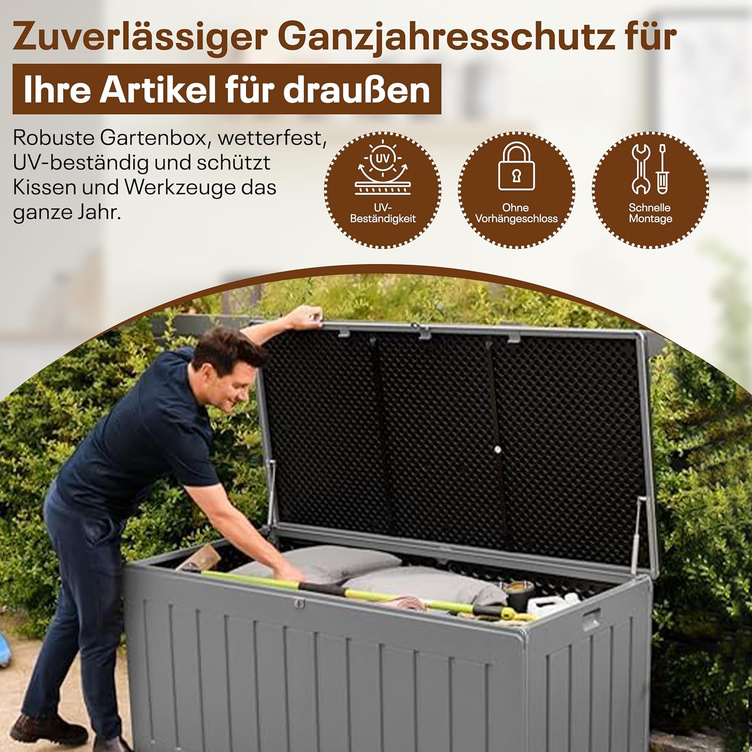 Olsen & Smith Gartenbox 830L | Wasserdicht & Wetterfest Abschließbare Polypropylene Aufbewahrungsbox aus | Große Gartentruhe für Garten, Balkon & Terrasse | Robust, Geräumig & Pflegeleicht–Anthrazit