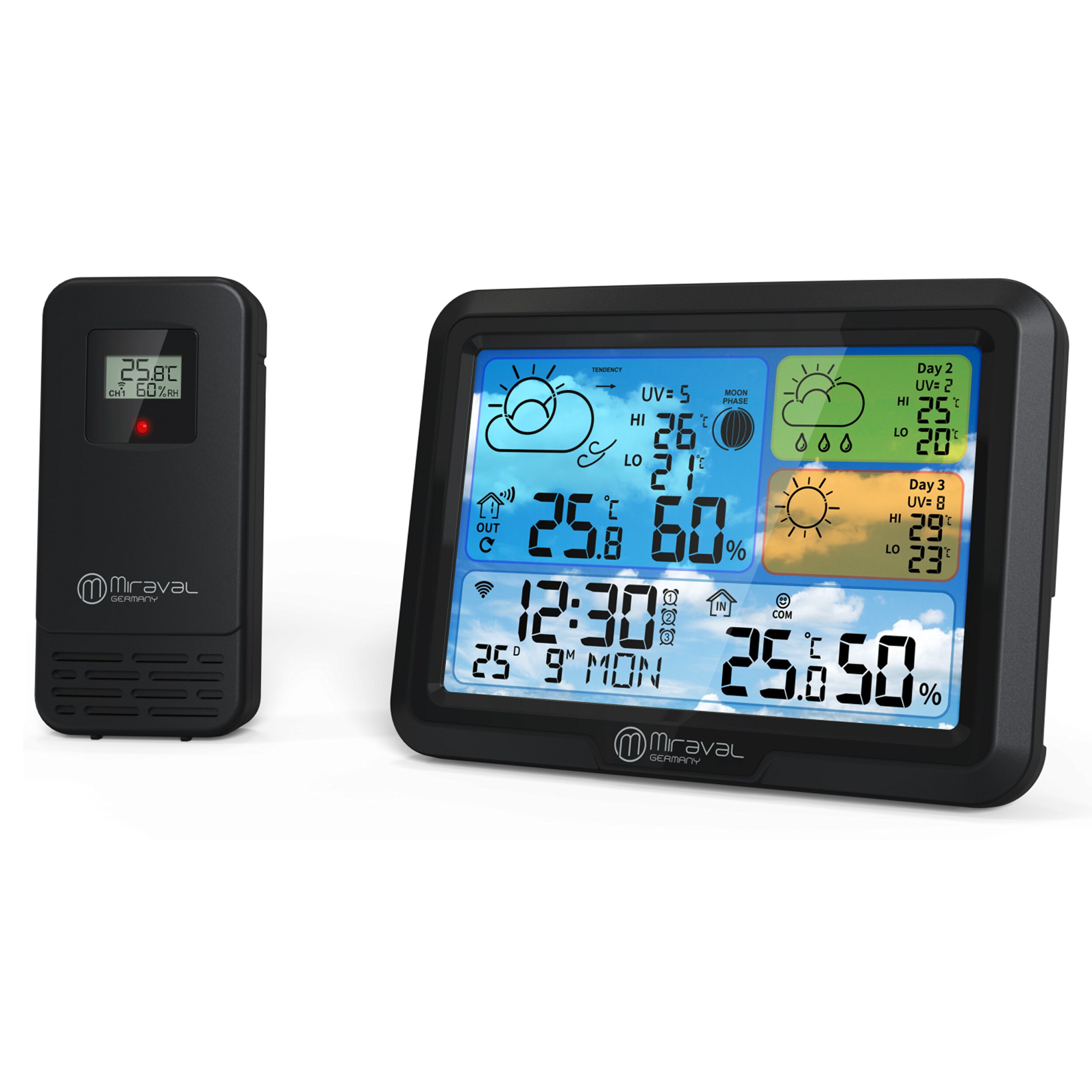 MiravalW-LAN Design Wetterstation mit TUYA-App 1x Sensor Smart-Home Wettervorhersage Mondphase UV-Index Komfortanzeige