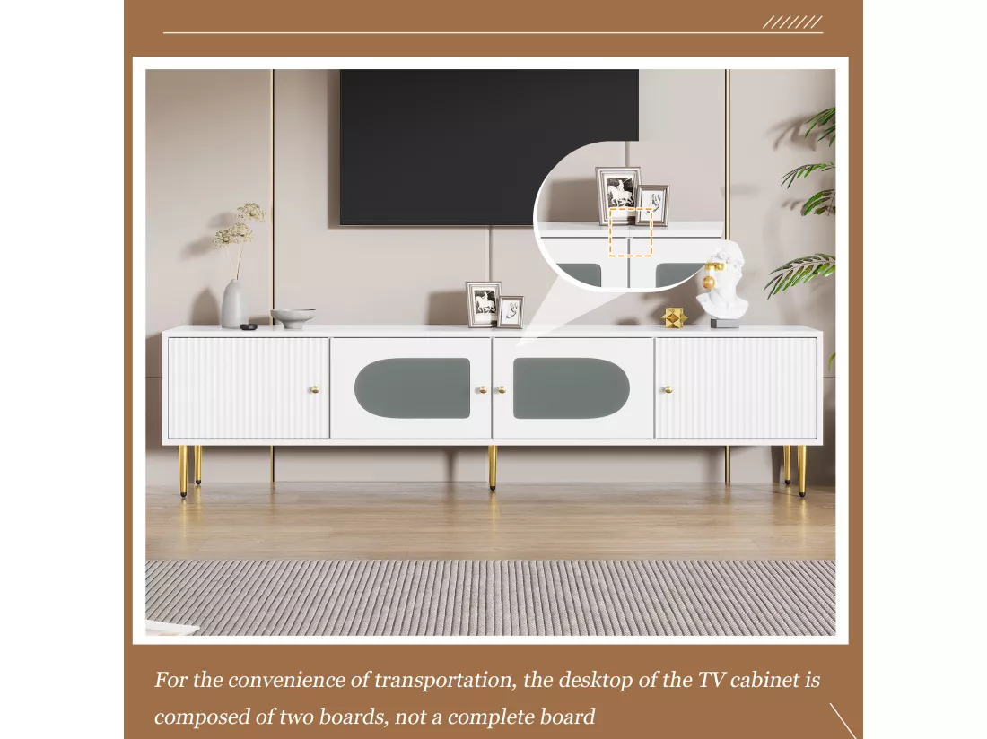 Meuble TV élégant blanc verre courbé avec pieds et poignées dorés 2 portes 170*35*50cm KACCIEN