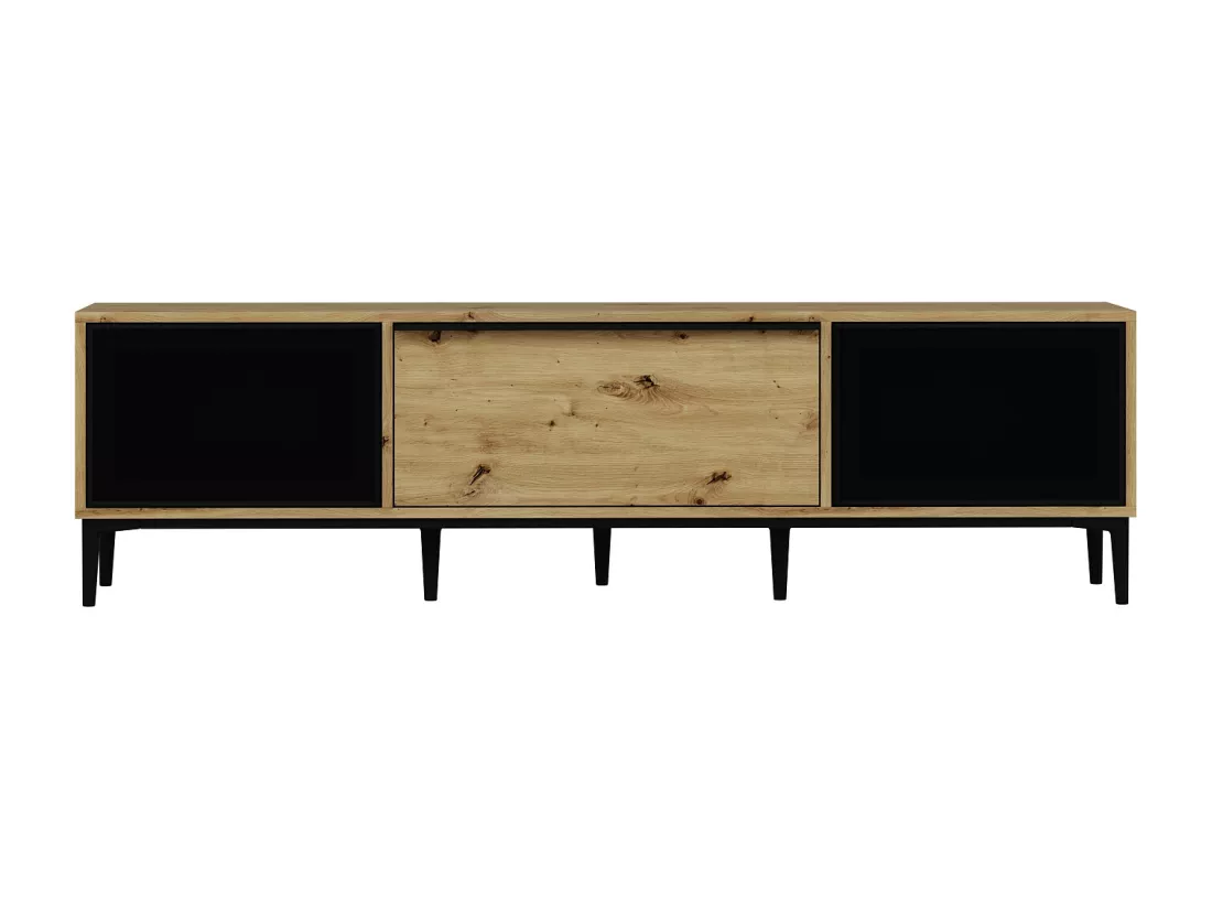 Meuble TV avec 3 portes en verre trempé noir - Naturel - MOLINIA