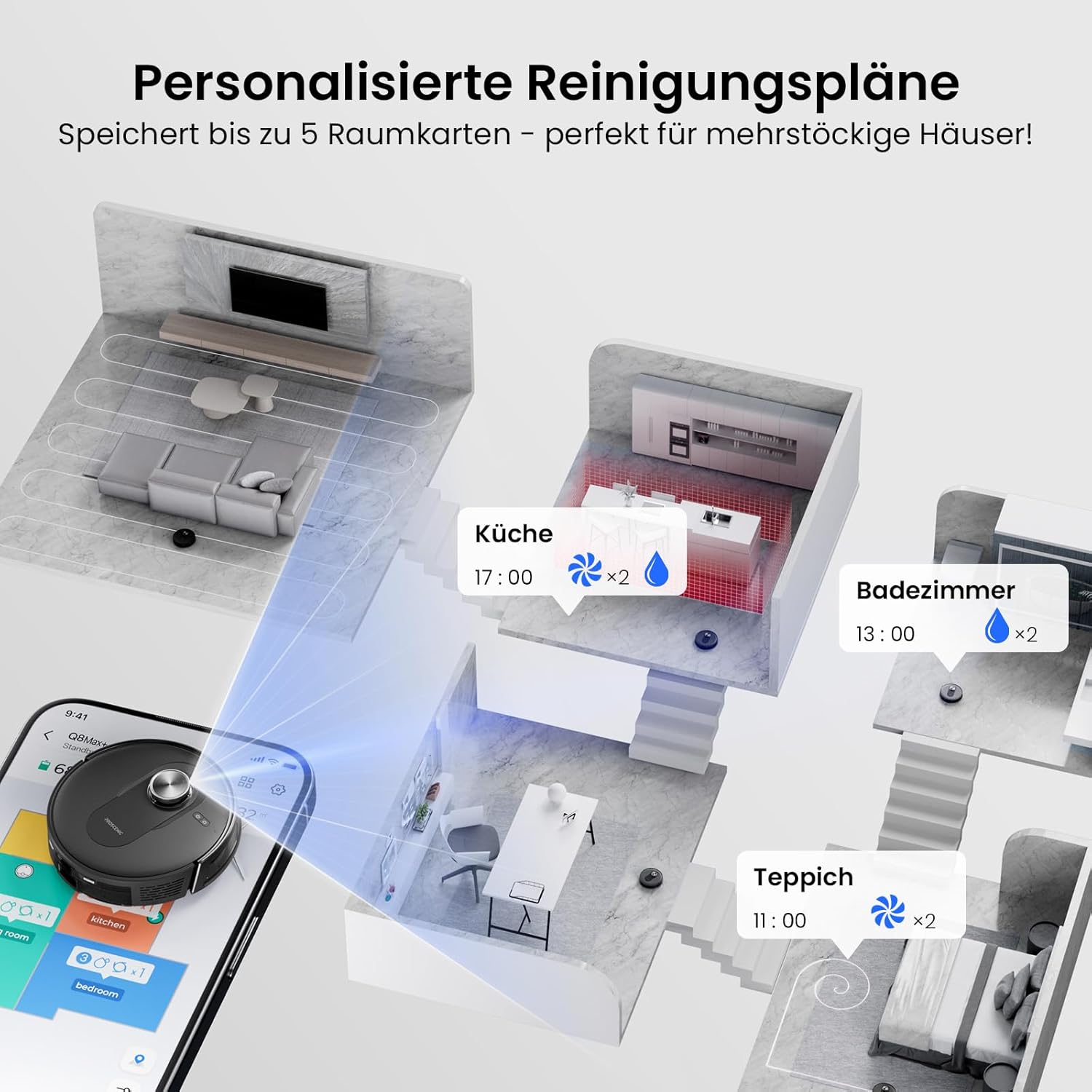 Proscenic Q8 Max+ Saugroboter mit Wischfunktion, 8000Pa 200min Staubsauger Roboter mit 3L Staubbeutel, Lidar-Navigation, intelligente Hindernisvermeidung, App Sprachsteuerung, für Hartböden Teppiche