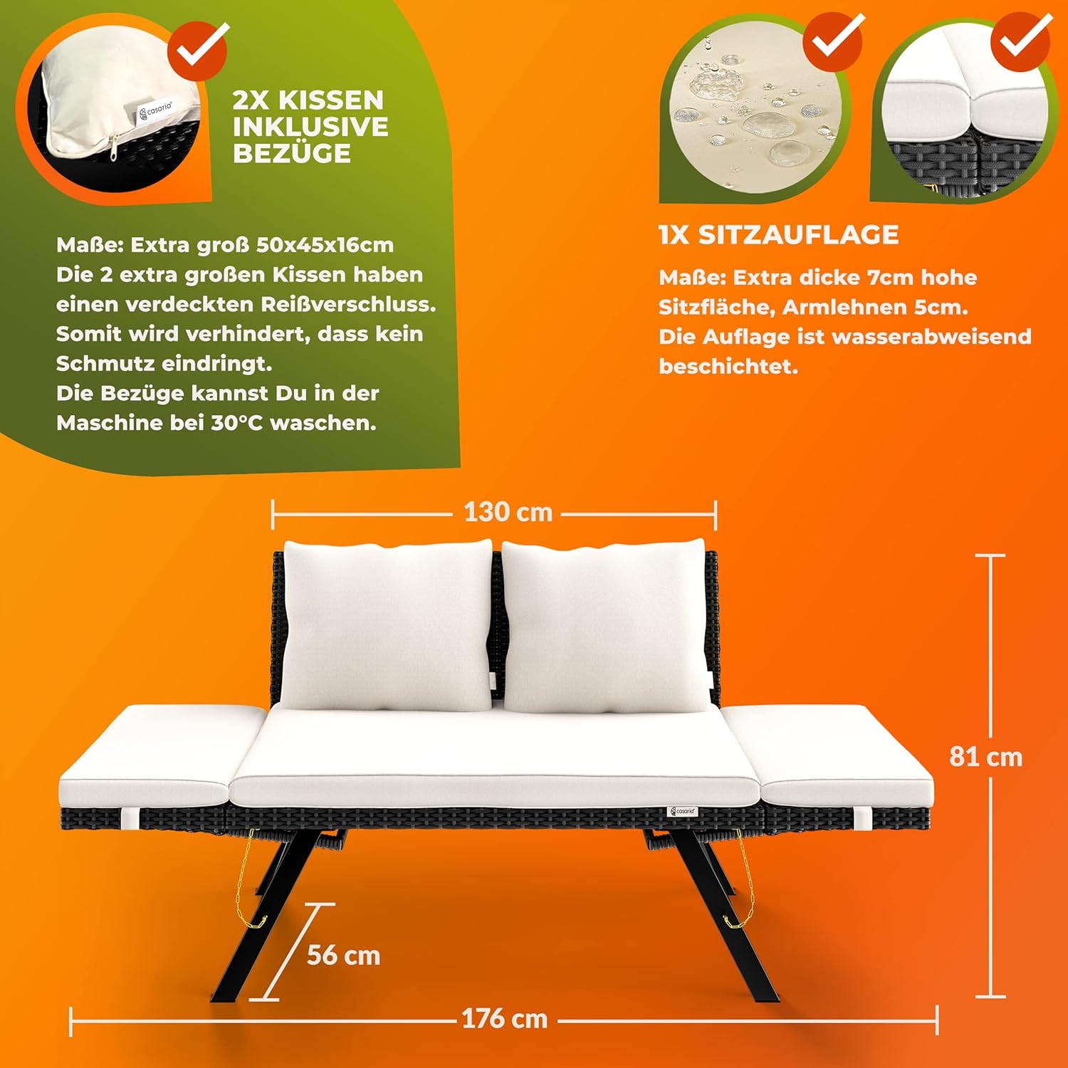 Casaria® Polyrattan Gartenbank mit Liegefunktion Auflage Kissen Verstellbare Armlehnen Wetterfest Draußen Garten Terrasse Balkon Bank Couch Liege Schwarz