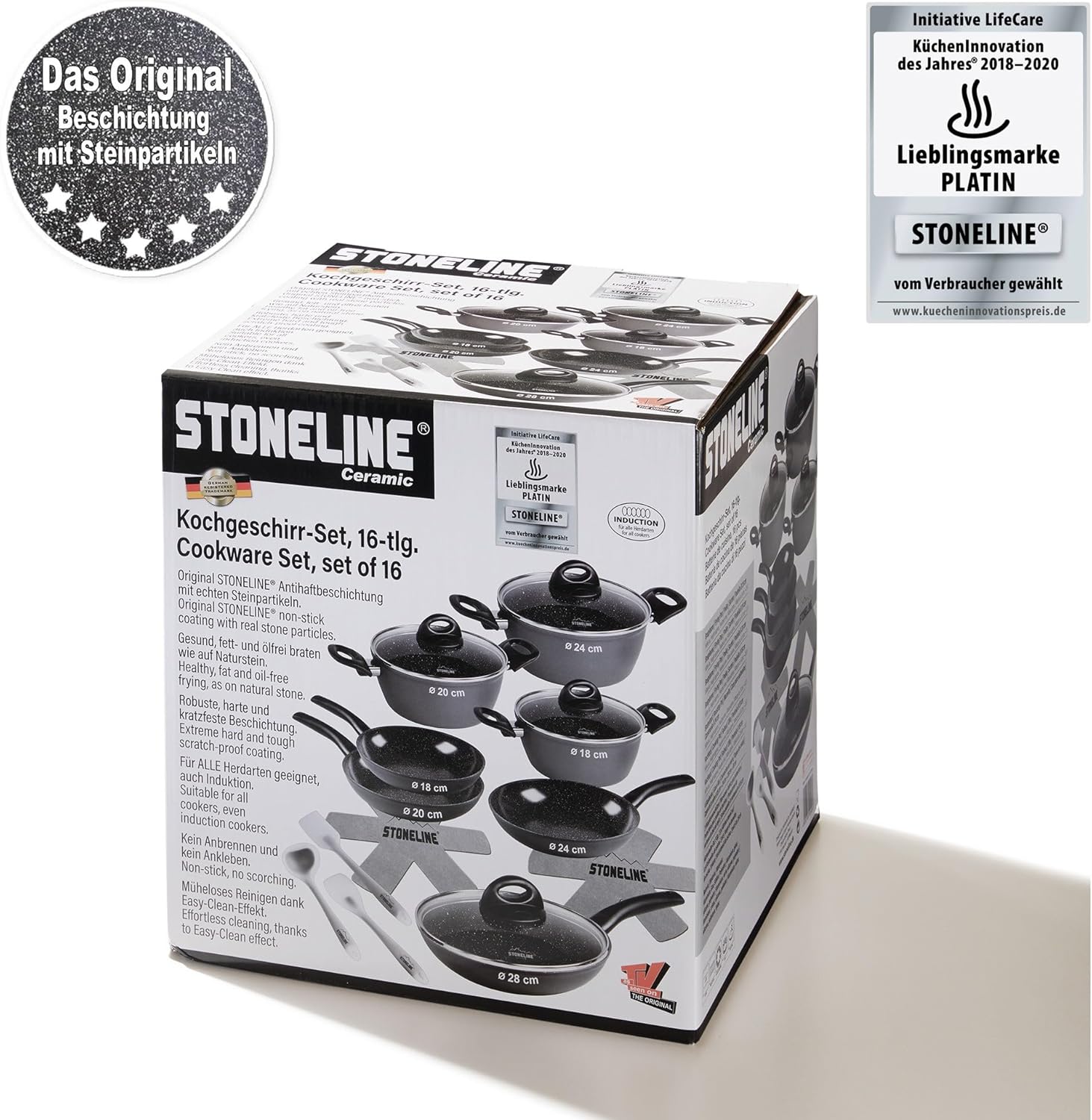 STONELINE Ceramic Keramikpfanne Töpfe Set 16 teilig 18/20/24/28 cm Töpfe Pfannen PFAS-frei Topfset Pfannenset Induktion Kochgeschirr Set mit Deckel Keramikbeschichtung mit echten Steinpartikeln, Grau