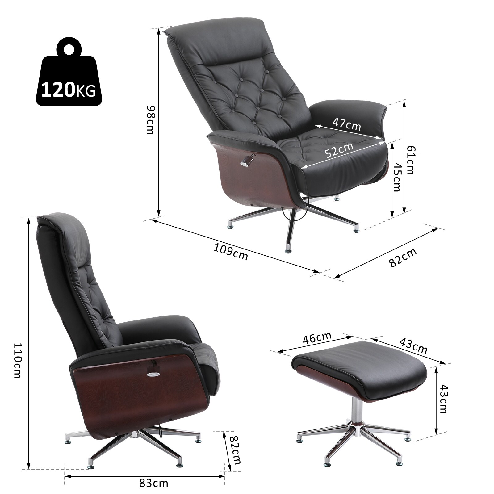 HOMCOM Chesterfield Sessel mit Hocker schwarz