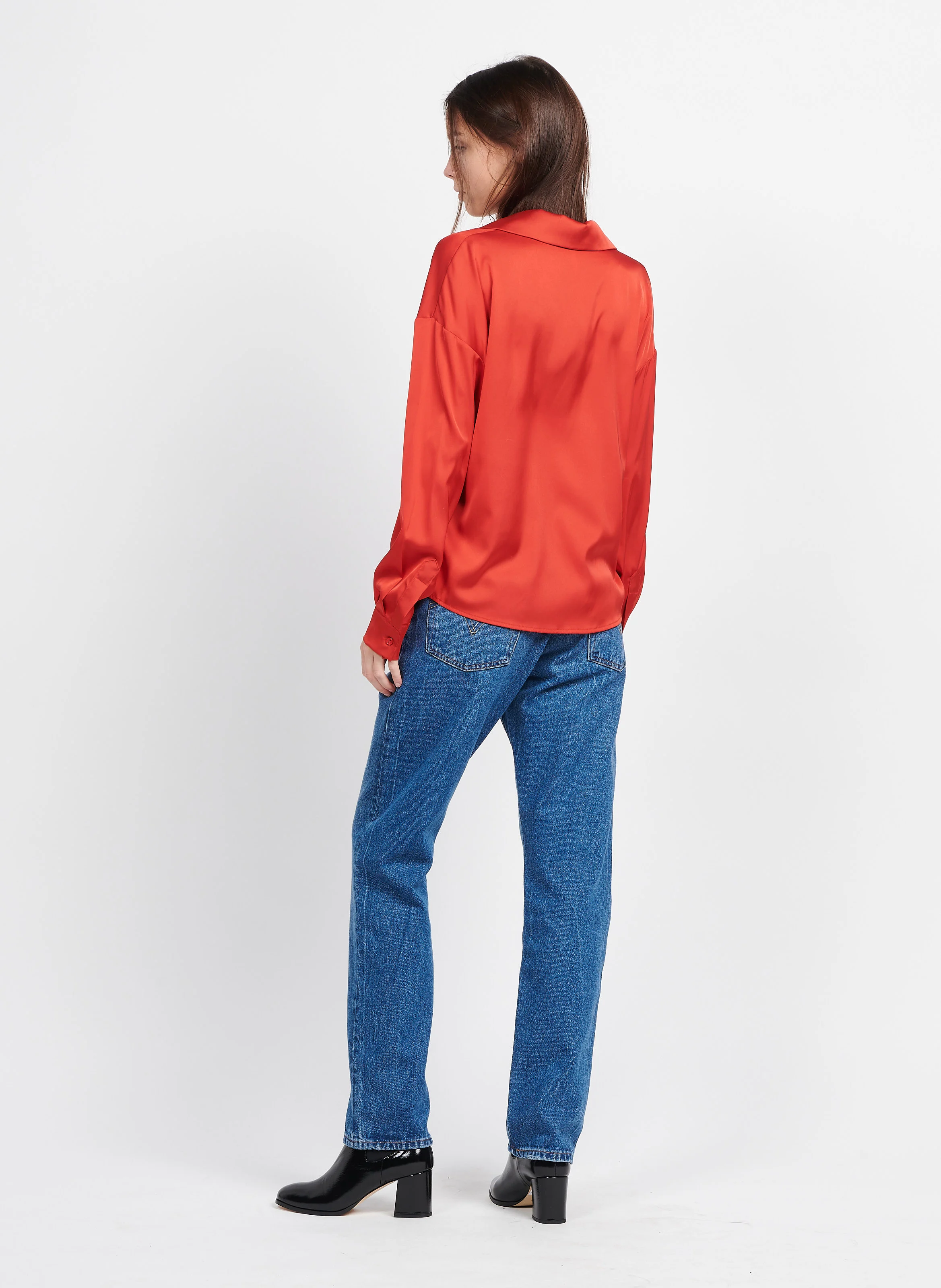 Chemise col V satinée | Orange