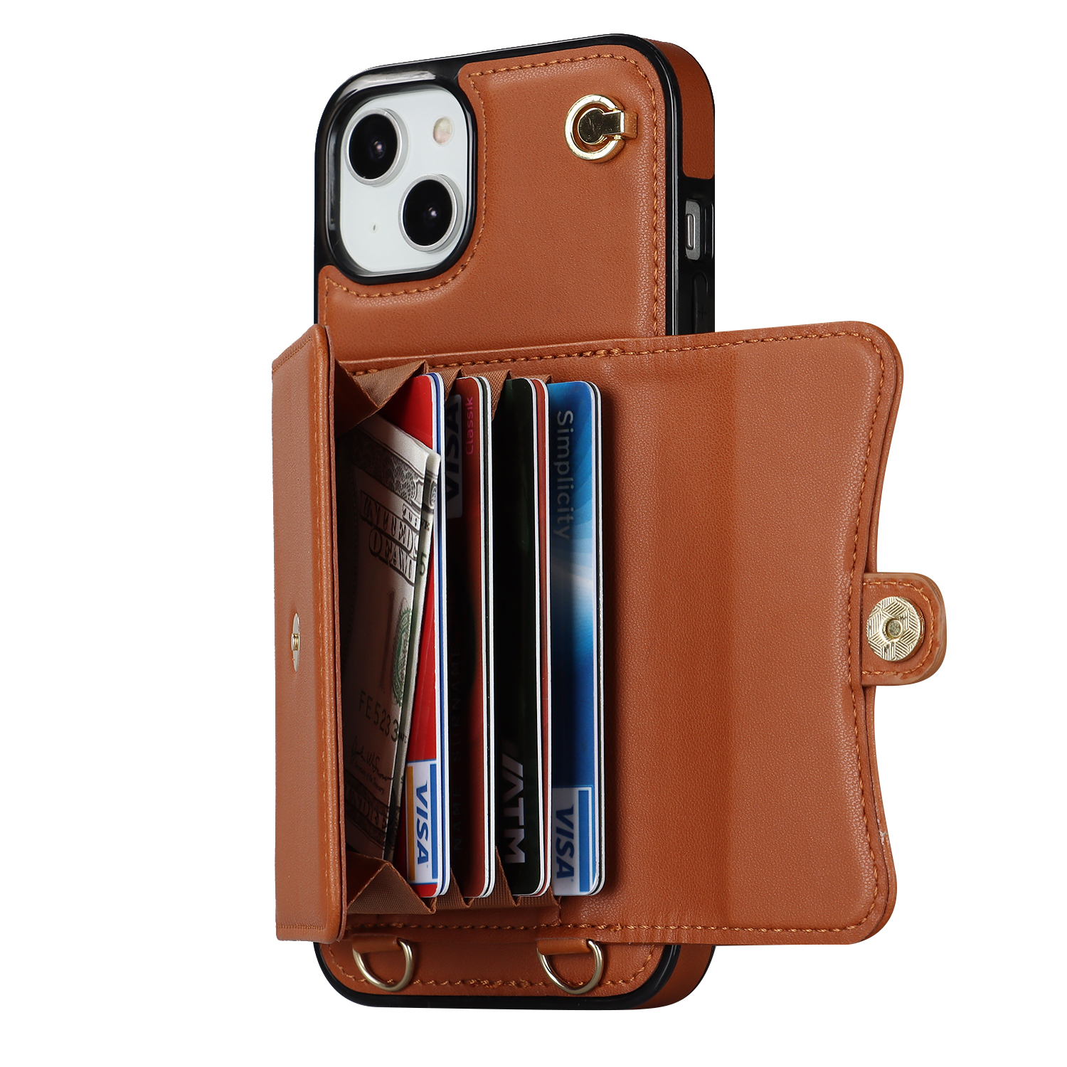 iPhone 14 / iPhone 13 Necklace Leder Schutz Hülle mit Kartenfach   Handykette (140cm) - Braun
