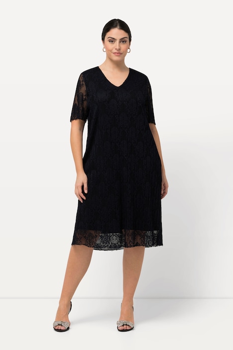 Spitzenkleid, A-Linie, V-Ausschnitt, Halbarm, Midikleid