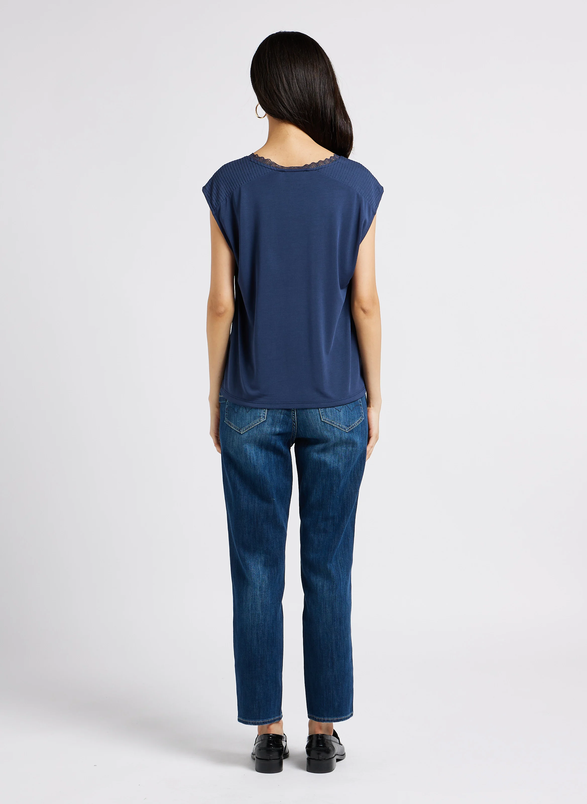 Jean girlfriend taille haute en coton mélangé | Bleu