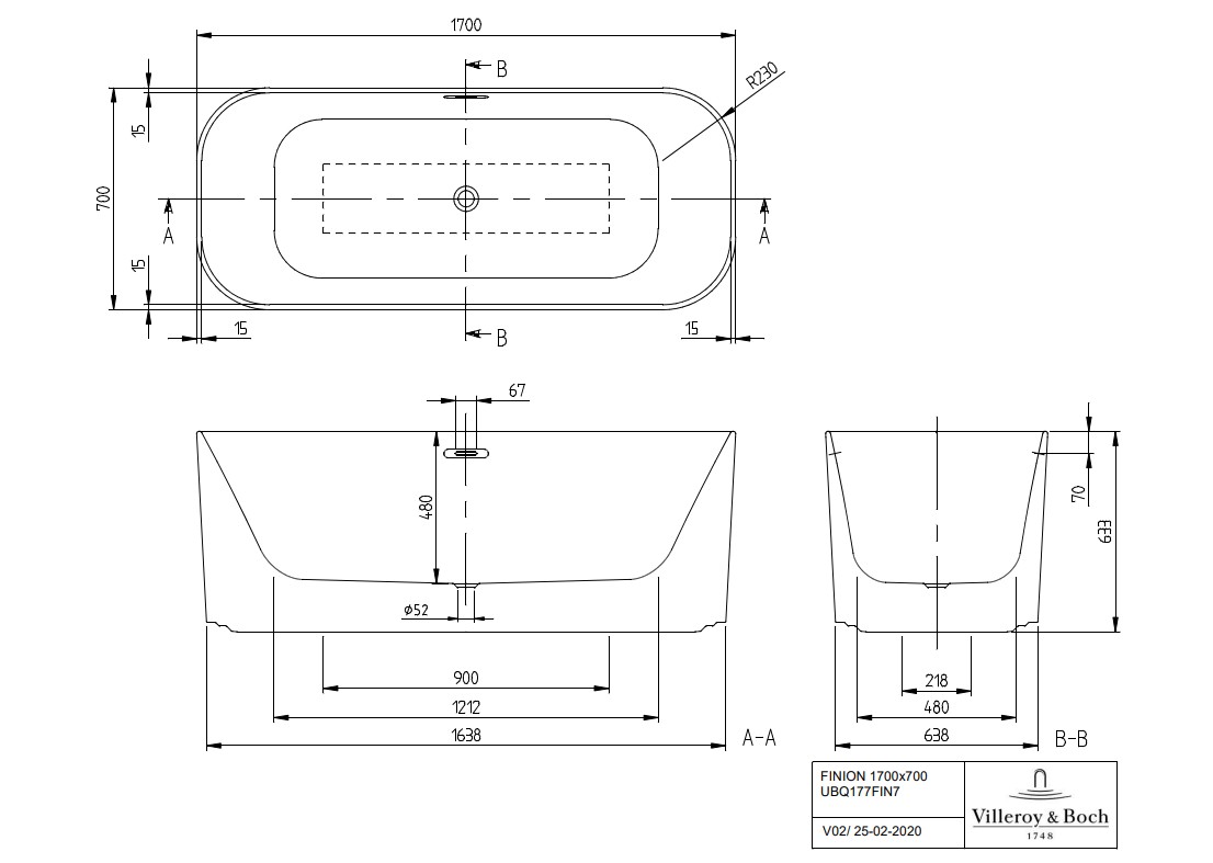 Villeroy & Boch Finion vrijstaand ligbad 170x70cm wit mat met gouden design ring