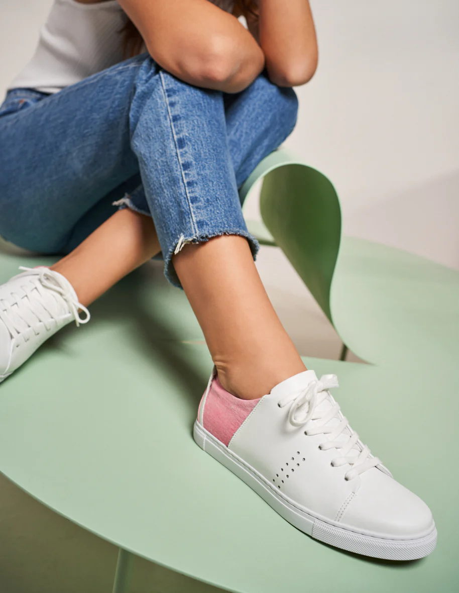 Baskets basses Renée - Cuir blanc et toile tie and dye rose