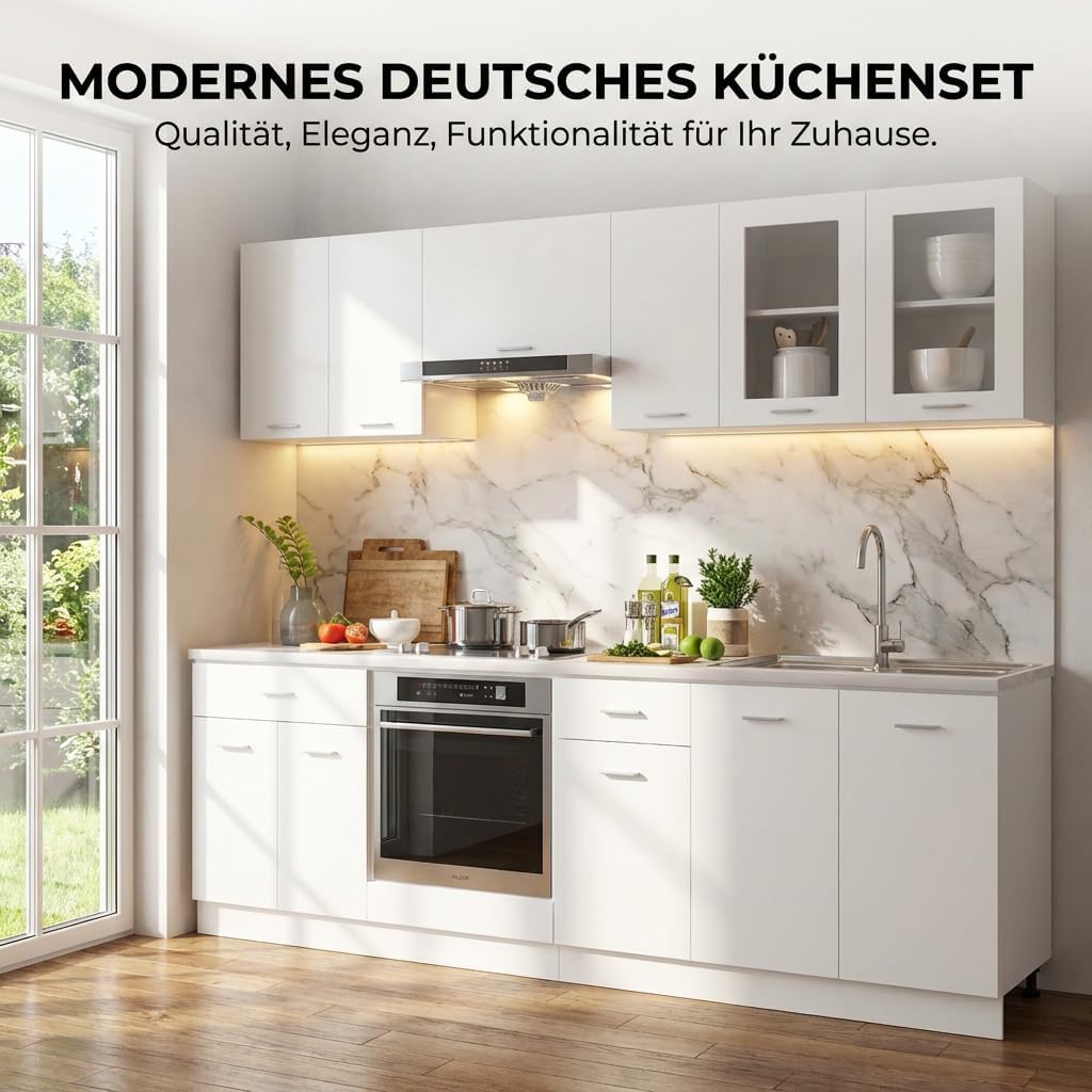 ACAGALA Küchenblock 240 cm variabel stellbar, 8-TLG. Küchenzeile Einbauküche, Weiß Holzwerkstoff, Küche Komplett, Schrank-Set, Unterschrank, Küchenschrank, Hängeschrank, ohne Arbeitsplatte