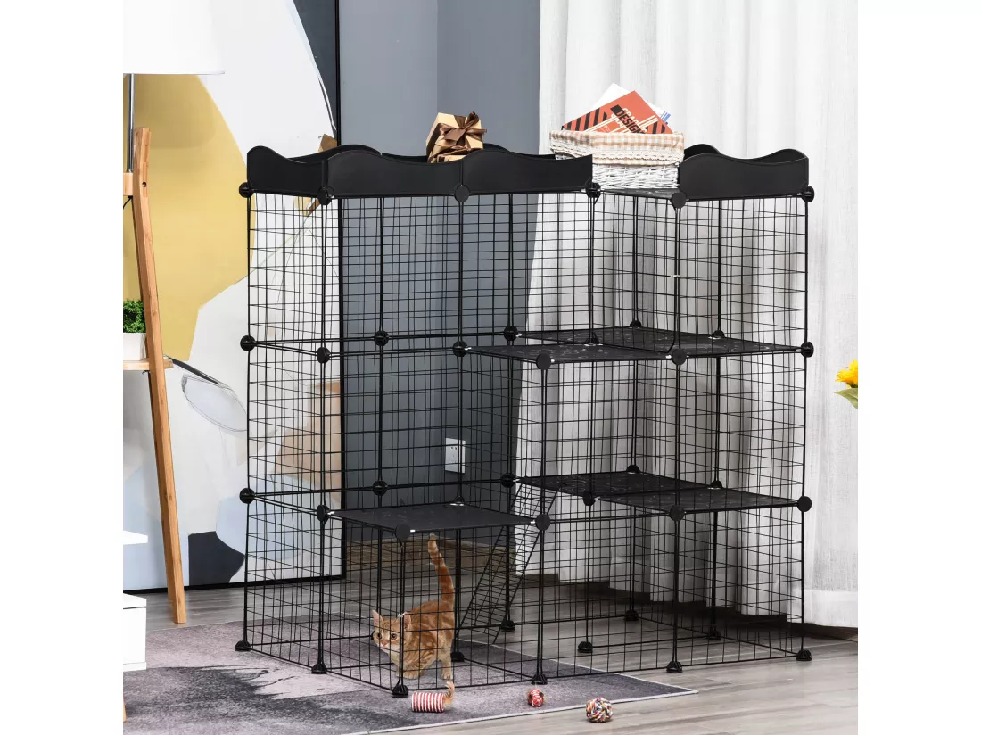 Cage parc enclos chat modulable dim. L105 x l70 x H105 cm 3 niveaux 2 portes rampe plateformes PE motif graphique fil métallique noir