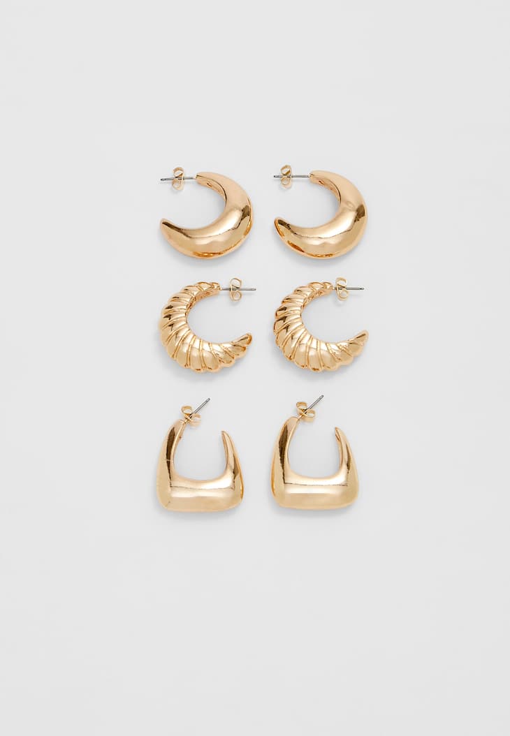 Conjunto de 3 pares de brincos de argola texturizados