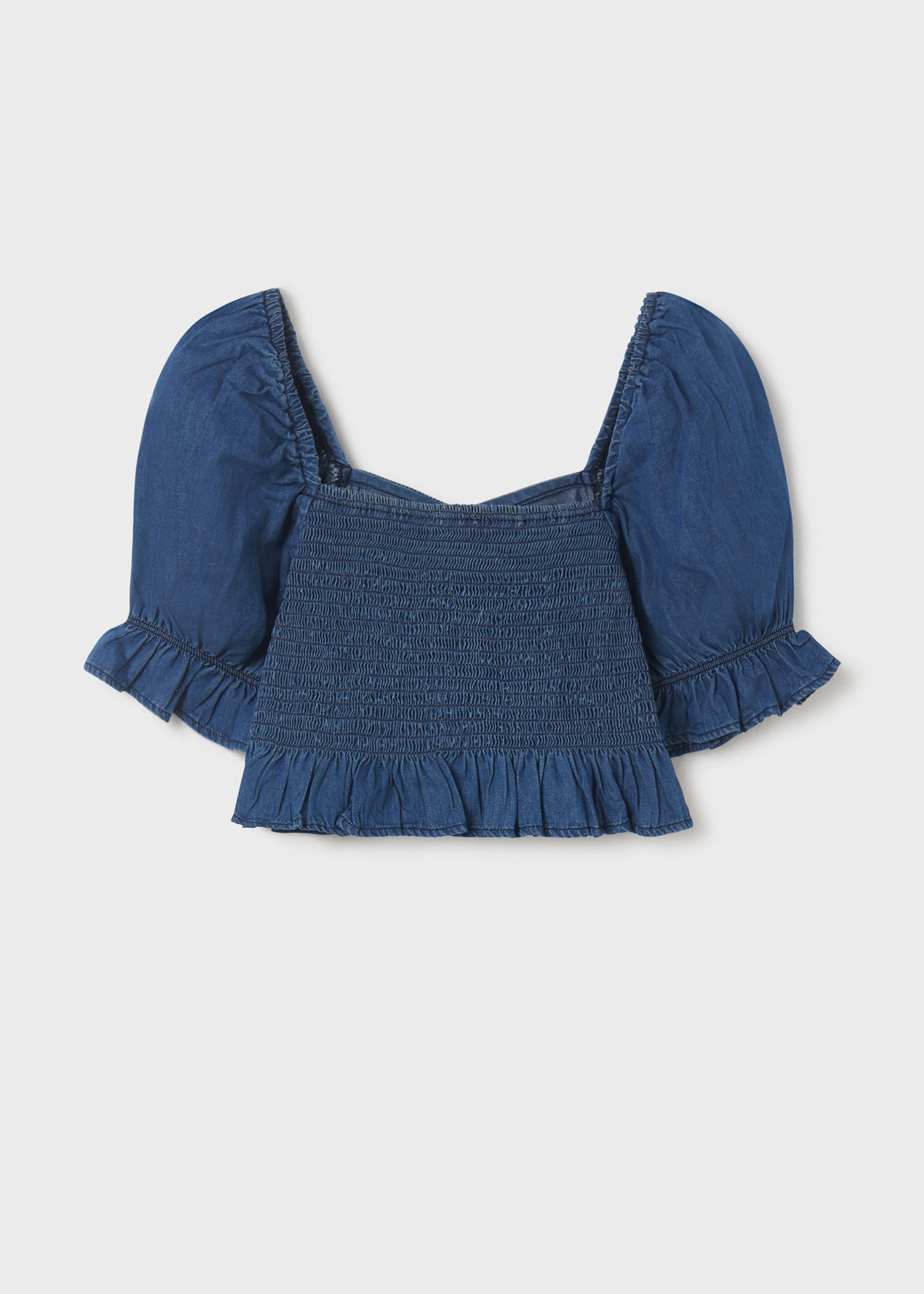 Blusa jeans com detalhes franzidos para meninas
