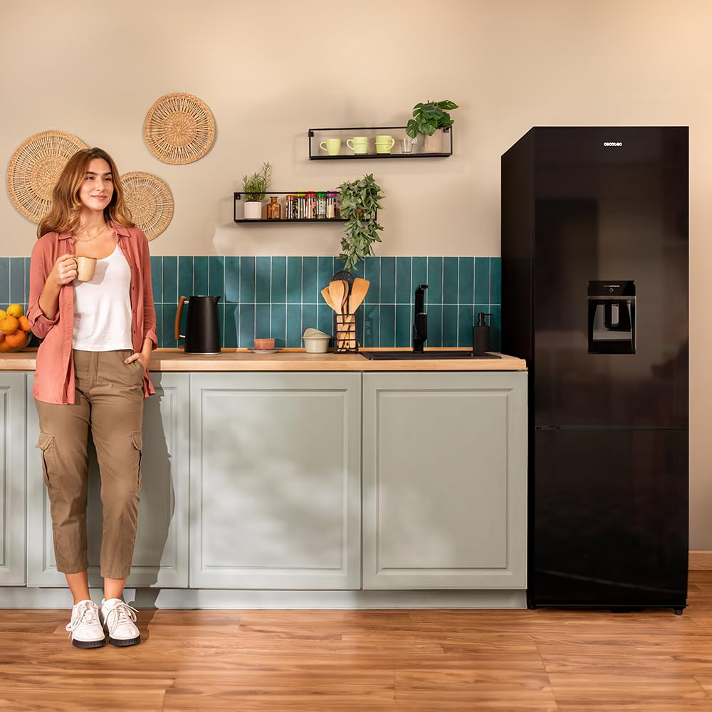 Cecotec Réfrigérateur combiné Bolero CoolMarket Combi 250 WD Black Glass D. Capacité de 250L, classe D, compresseur Inverter, Total No Frost, porte ré