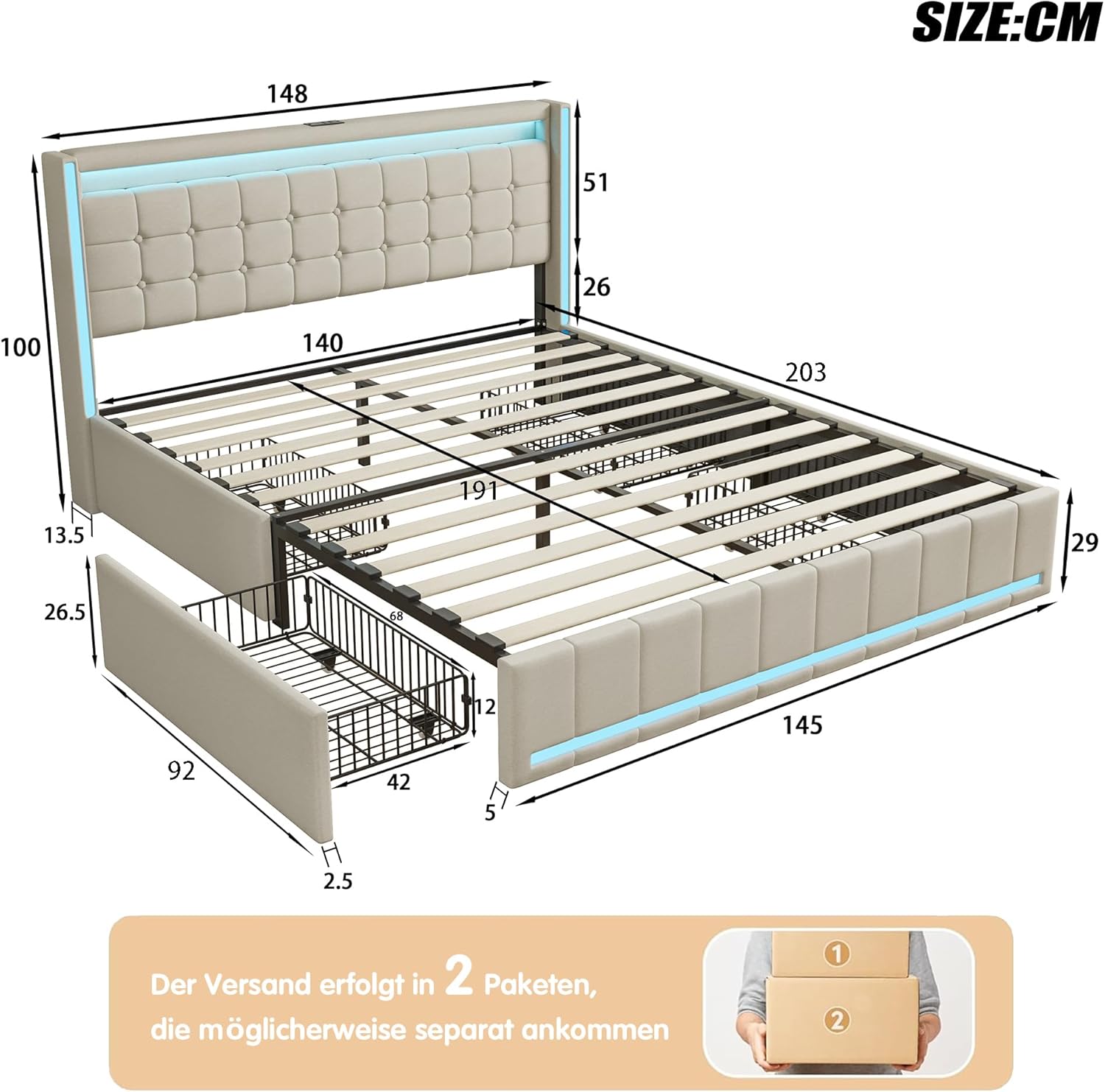 Bett mit Bettkasten,140x190 cm mit LED,gepolstertes Bett mit 4 Schubladen,gepolstertes Bett mit USB-Ladeanschlüssen und Typ-C-Ladeanschlüssen,auf dem Nachttisch,Doppelbett,gepolstert,für 2 Personen