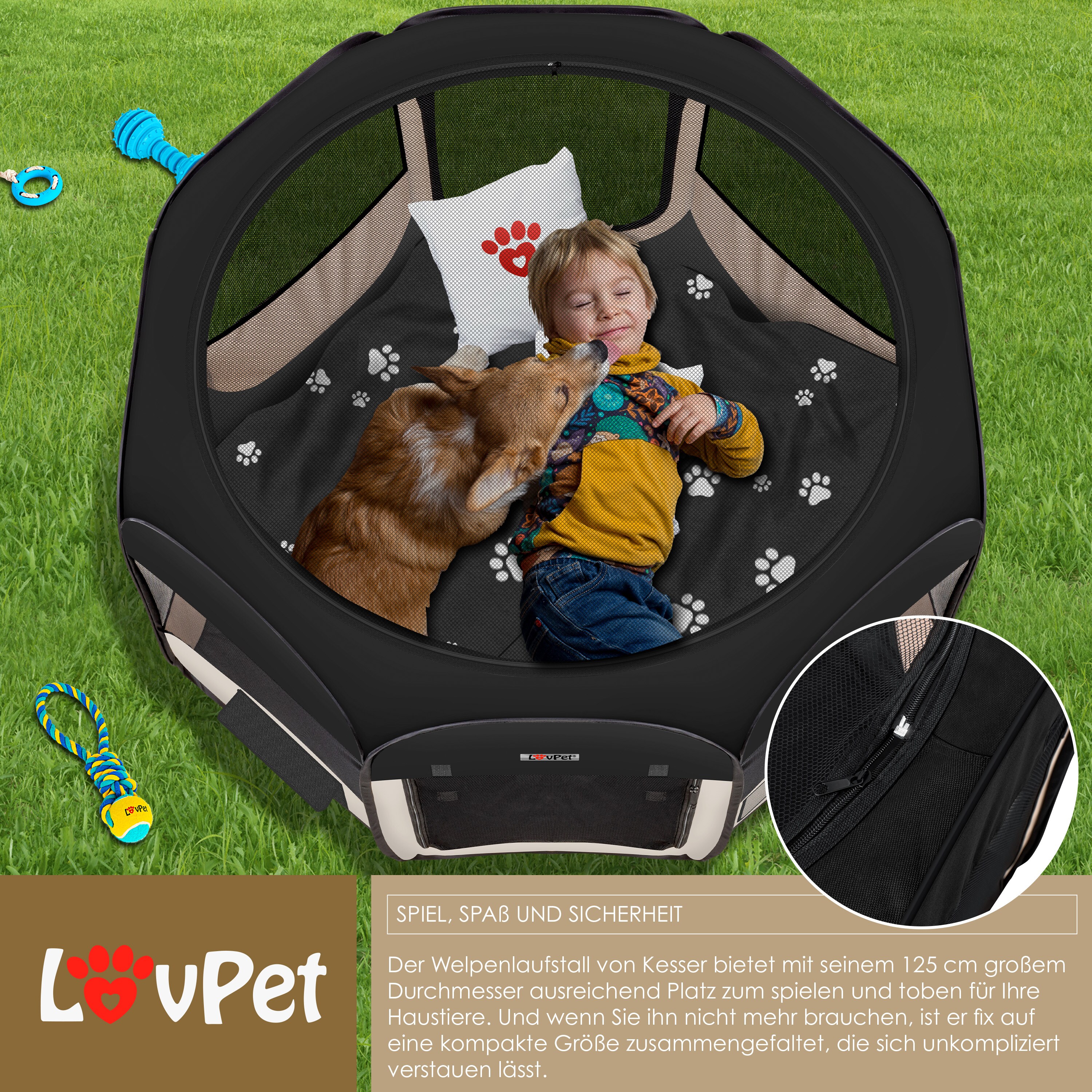 LOVPET® Welpenlaufstall Tierlaufstall Faltbar für Kleintiere Hunde, Katzen Inkl. Hundenapf Hundelaufstall Freigehege Oxfordgewebe Pop-up System Indoor & Outdoor
