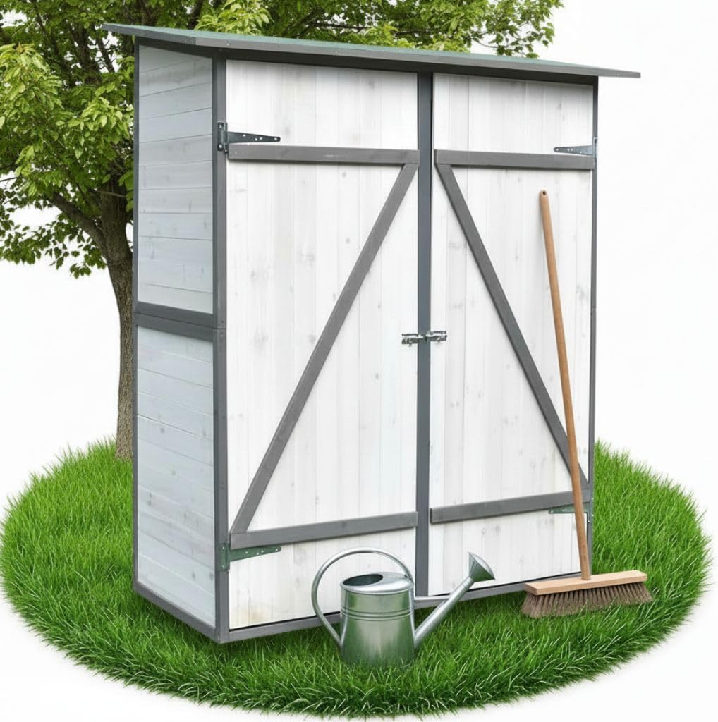 Melko Gartenschrank mit Pultdach und Doppelflügeltür Weiß/Grau Holz Gerätehaus 162 x 140 x 75 cm, inkl. Regal