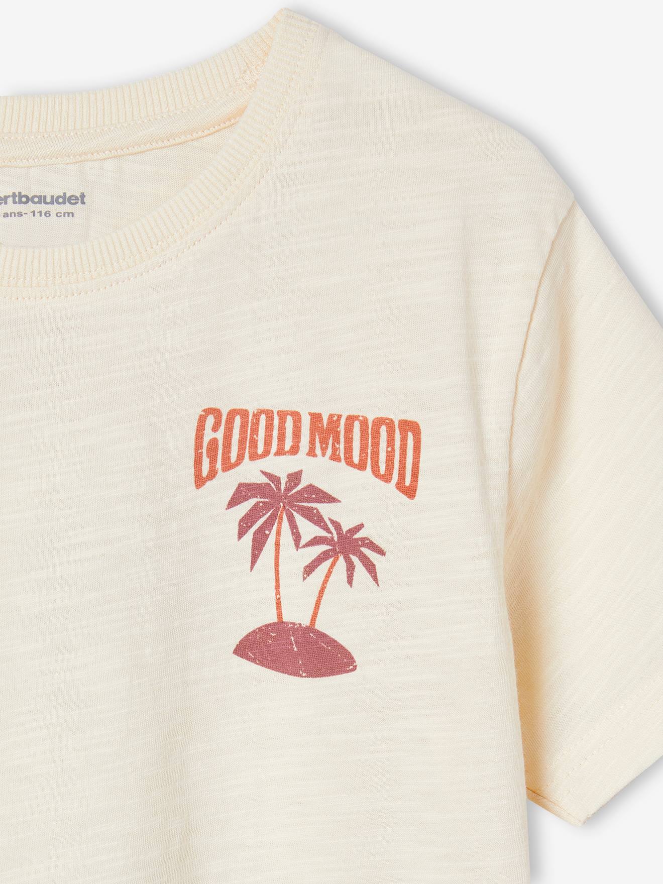 Camiseta infantil masculina na cor off-white com estampa gigante de palmeira nas costas.