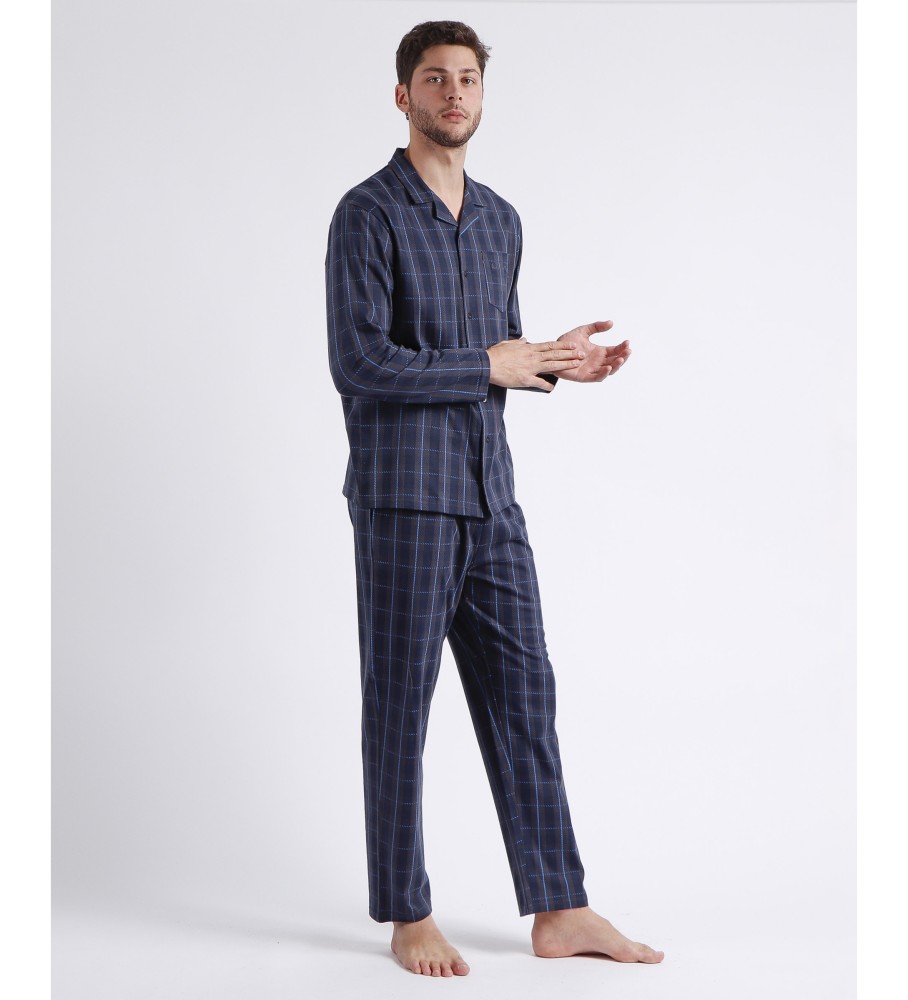 Pijama aberto Antonio Miro de manga comprida, modelo Cassete, azul marinho.