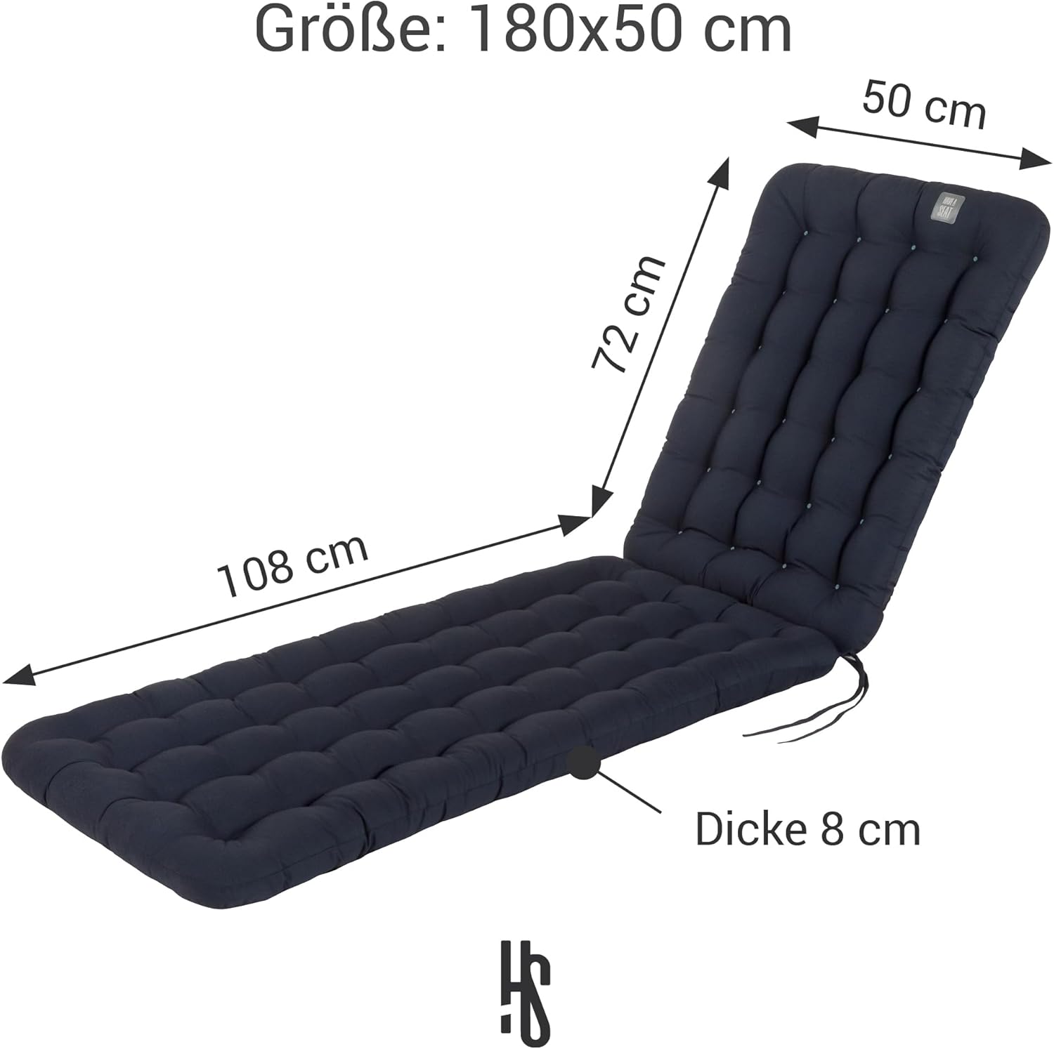 Auflage für Deckchair 180x50 cm - Bequeme Liegestuhl Auflage, 8 cm Dick - Waschbar bis 95°C, Orthopädisch, Wetterfest - Made in Germany (180x50 cm, Marine Blau)