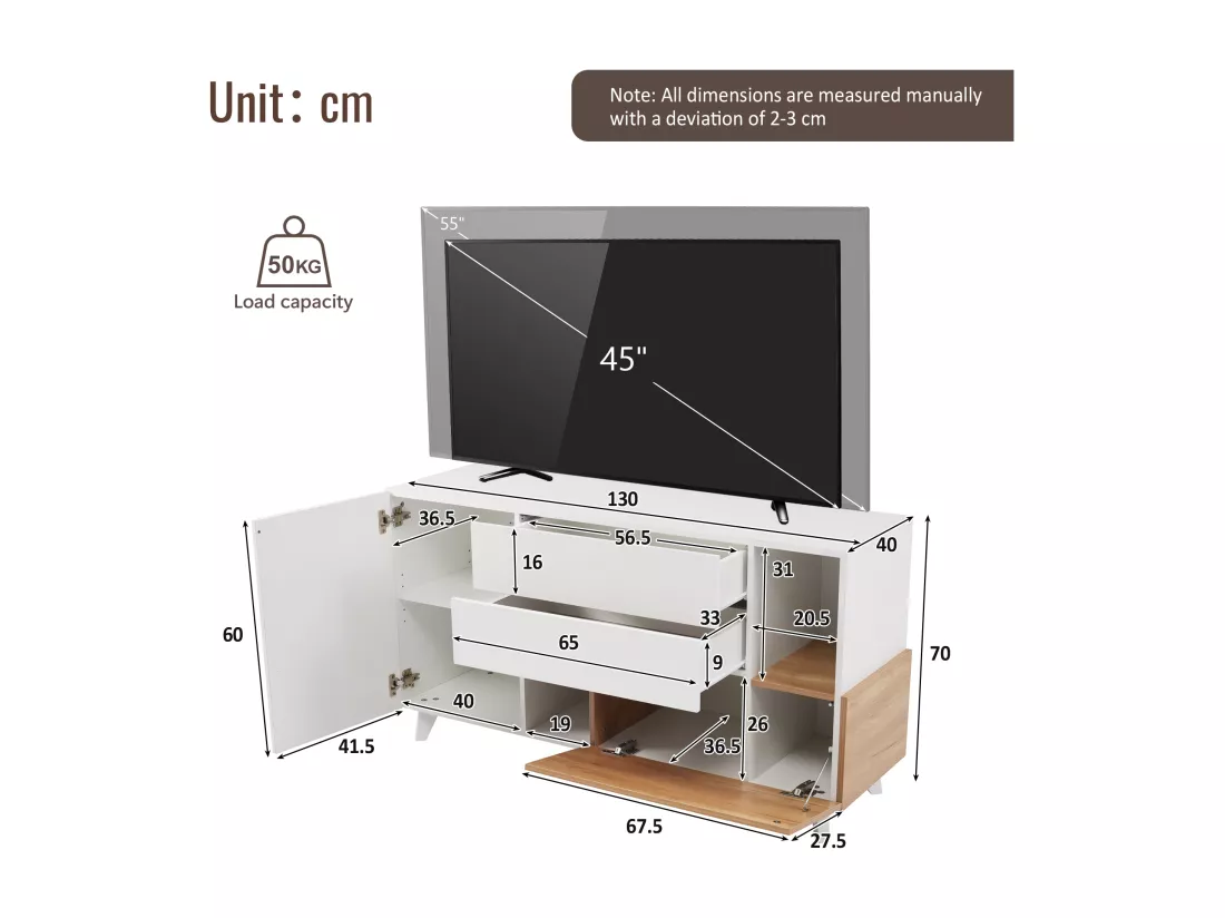 Buffet brillant 130x40x70cm - 2 portes - 2 tiroirs - avec compartiments de rangement - blanc