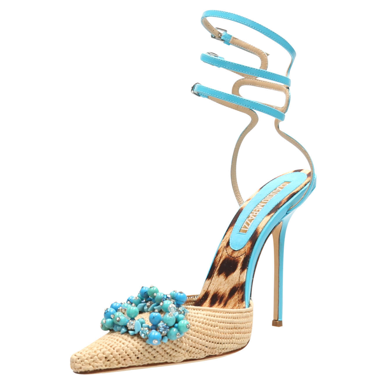 Claudio Merazzi Sandales Cameron en Cuir et Raphia écru/turquoise