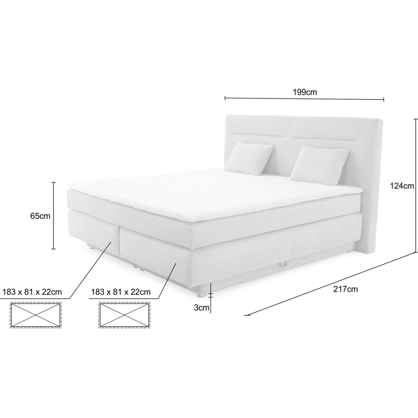 Boxspringbett Simone, Waffelcord-Stoff, 180 x 200 cm hellgrau