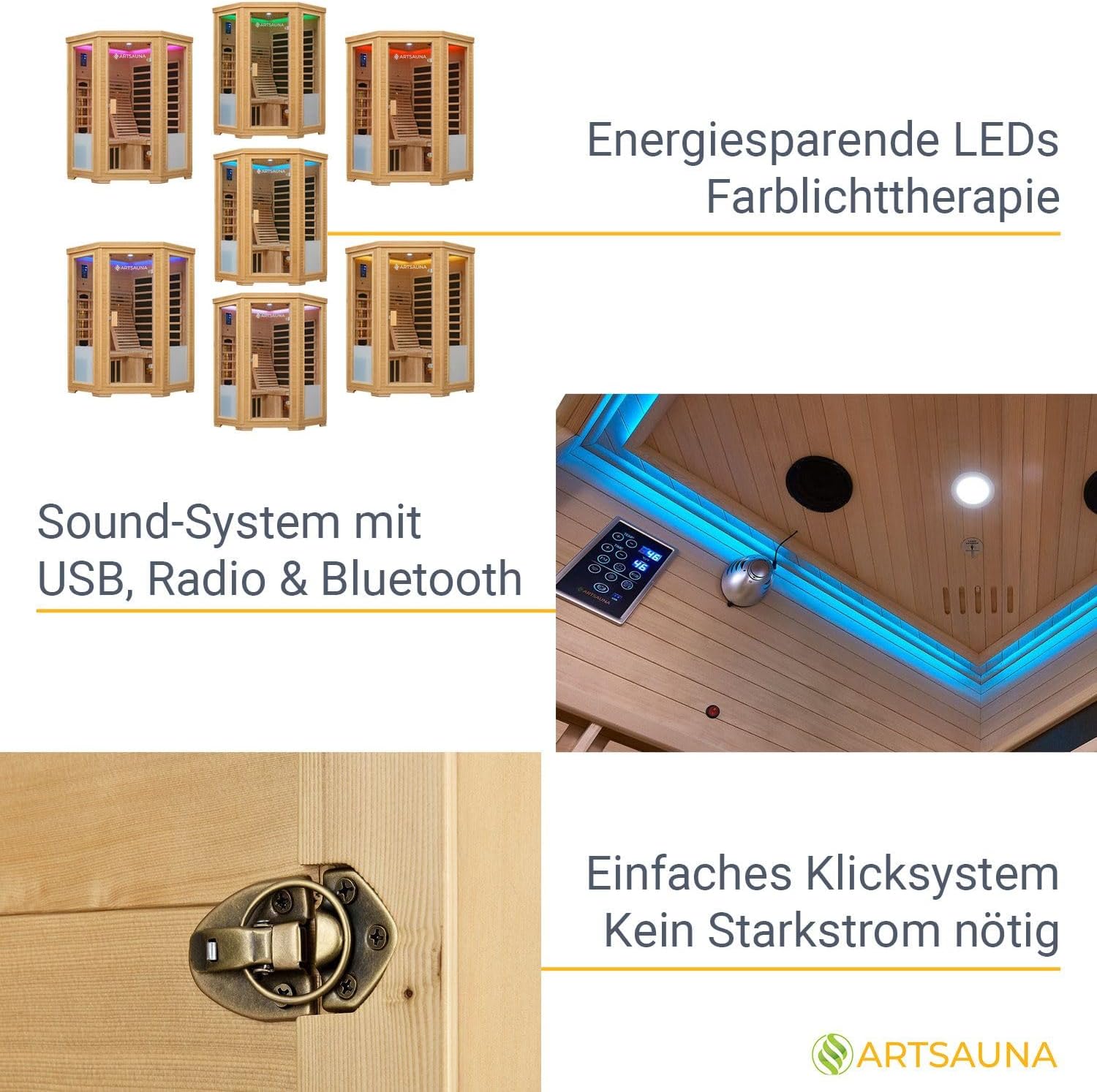 Artsauna Infrarotkabine Aalborg Dual-Technologie - 120x120x190 cm - 2 Personen - mit Relaxliege, Sitzbank, LED Farblicht & Glastür - Hemlock Holz Infrarotsauna