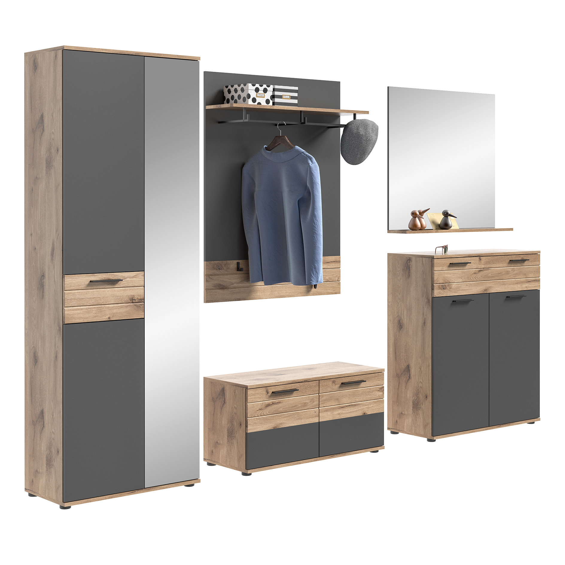 5-teiliges Set Garderobe MASON - Nox Oak-Basalt grau