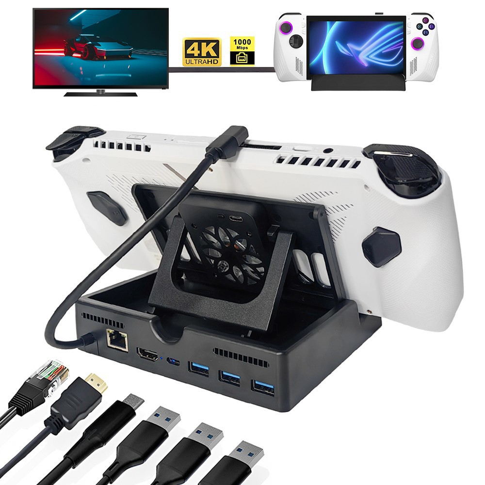 Asus ROG Ally Dockingstation Ladegerät Charging Dock Stand mit LED Lüfter / HDMI 4K@60Hz / USB C PD 60W / LAN / 3x USB A - Schwarz