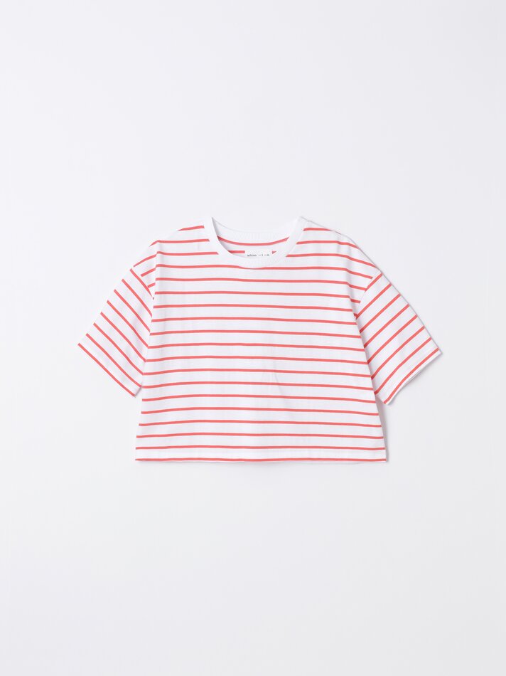Camiseta cropped de manga curta - Branca/Vermelha