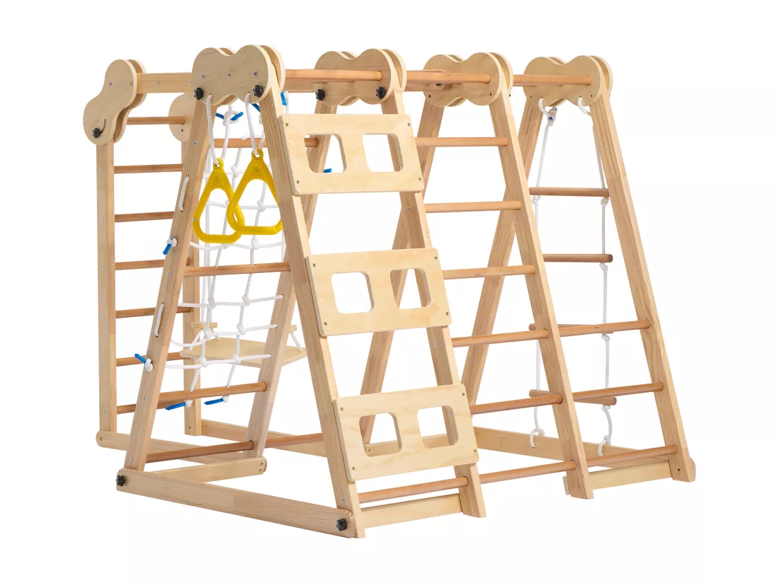Balançoire Enfants pliable 7 en 1 - 128 x 164 x 116cm - en matériel bois - avec toboggan et escalade - Naturel