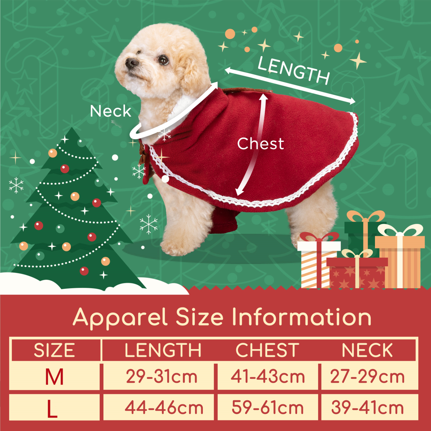 Roupa de Natal Nobleza para Cães, Conjunto Natalino para Cães, Capa e Chapéu de Natal Fofos para Cães, Ideal para Natal, Festas e Aniversários. Tamanho G - 45 cm