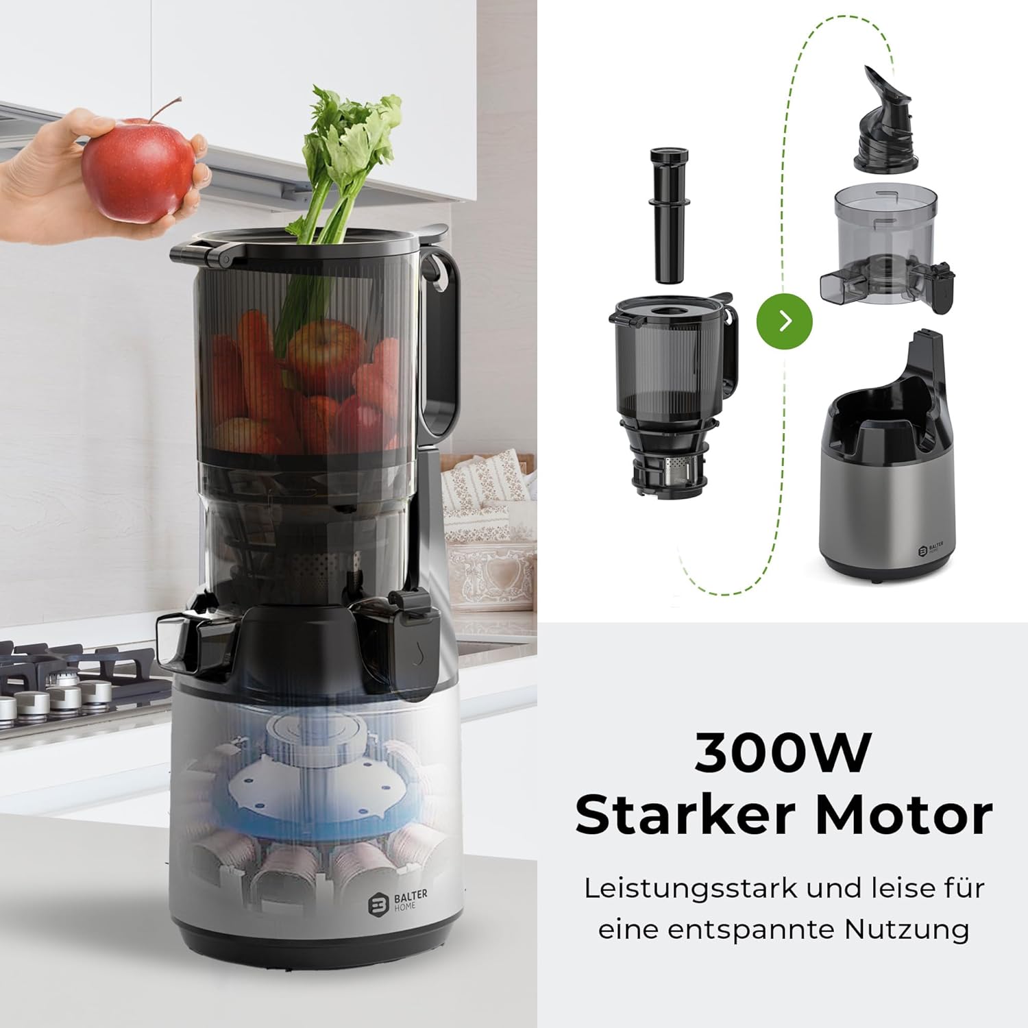 Balter Entsafter Slow Juicer, Große 135MM Öffnung, 300 Watt, Entsafter für Gemüse und Obst, Früchte, Saftpresse, BPA Frei, leise