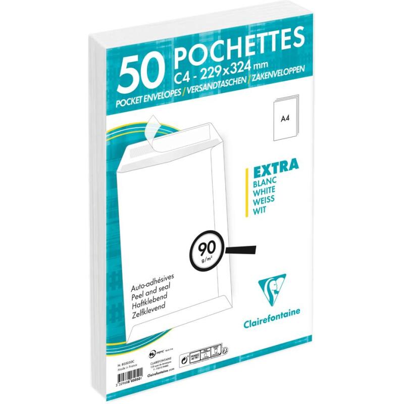 Paquet de 50 Pochettes Blanches C4-229x324 mm - Auto-Adhésives - 90/m2 - Blanc