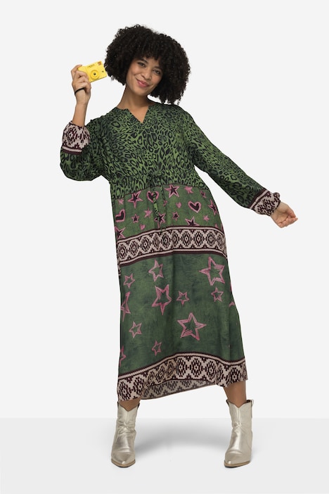Midikleid, Mustermix, V-Ausschnitt, Langarm