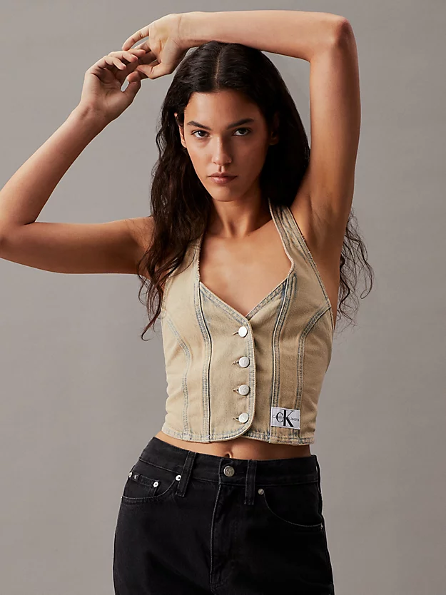 Colete jeans ajustado com gola borboleta