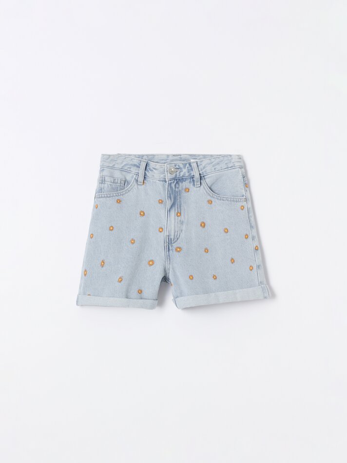 Shorts jeans bordados - Azul Fluorescente