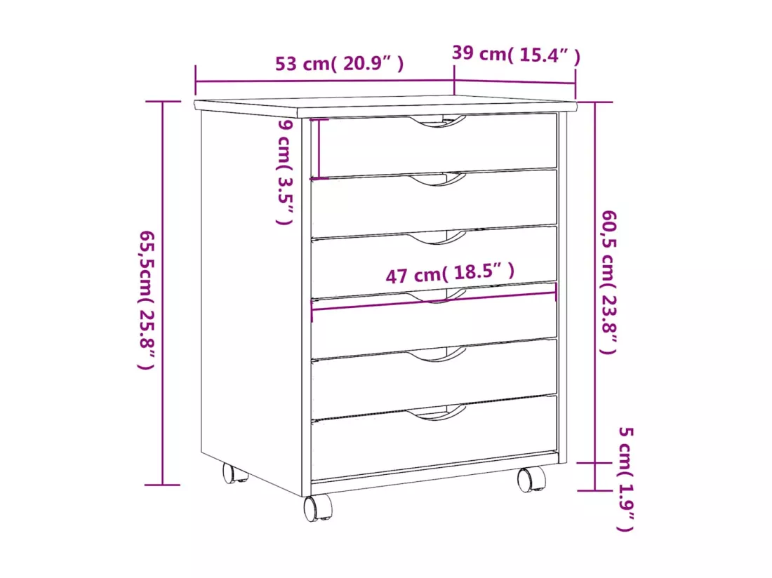 Armoire roulante avec tiroirs MOSS gris bois de pin solide