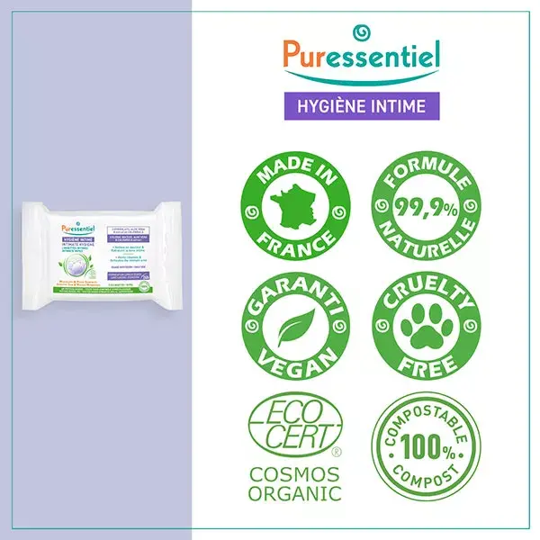 Lenços umedecidos íntimos orgânicos Puressentiel para uso diário, 25 unidades.