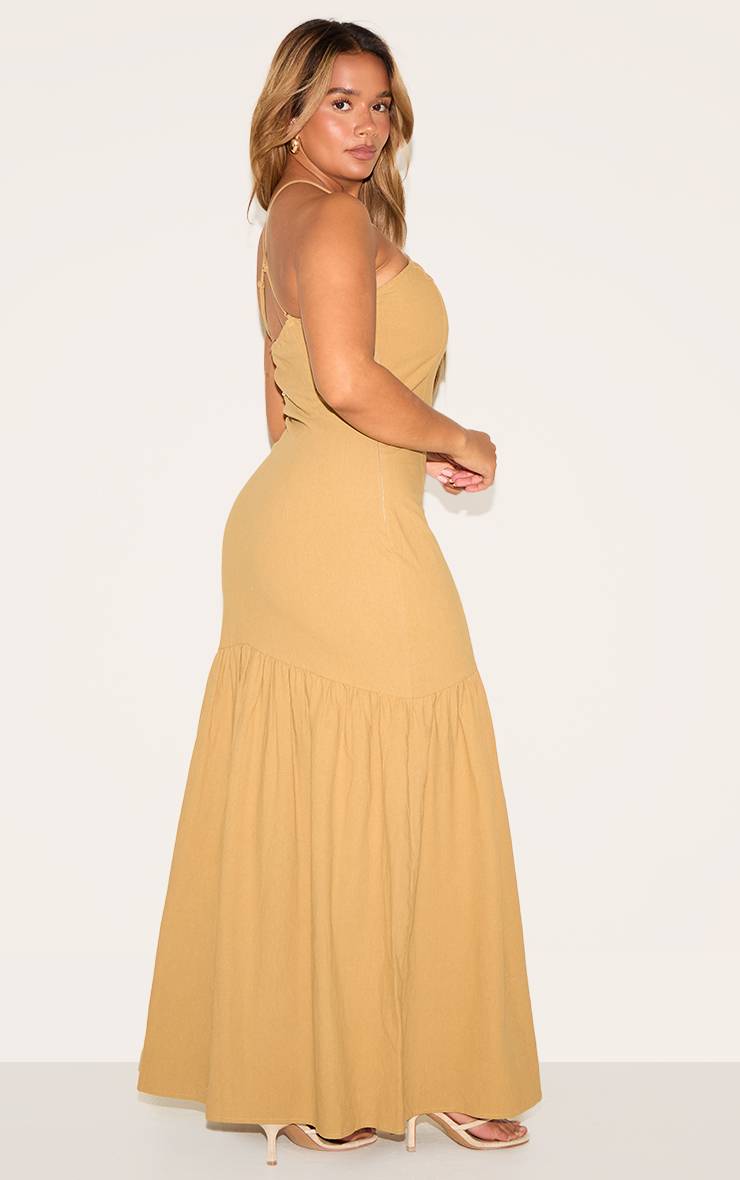 Kaki Robe Maxi Shape En Lin Moka À Bordure Ondulée Dorée Et Ourlet Asymétrique