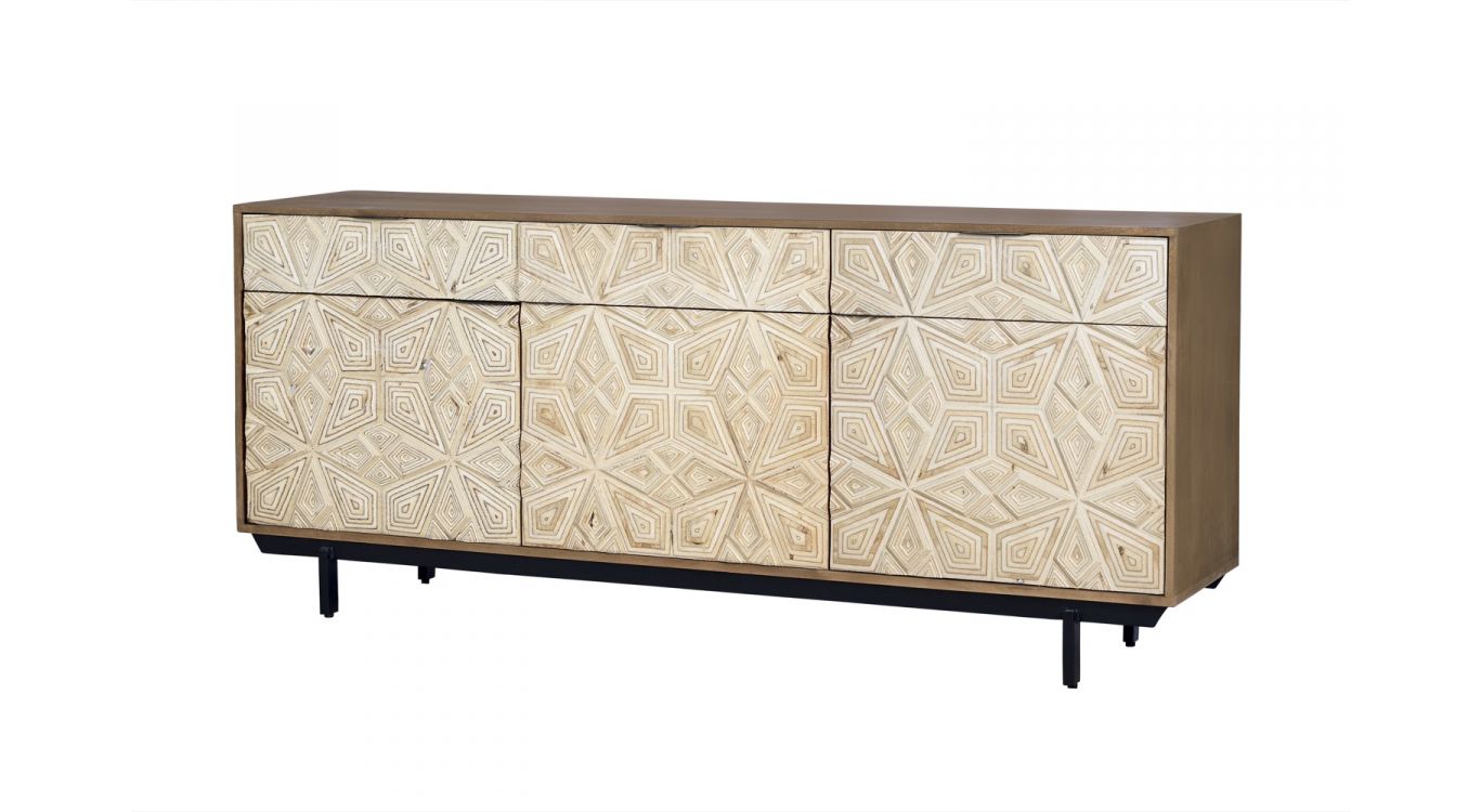 Bahut 3 tiroirs bois, métal marron 183x42x80cm - bois-métal