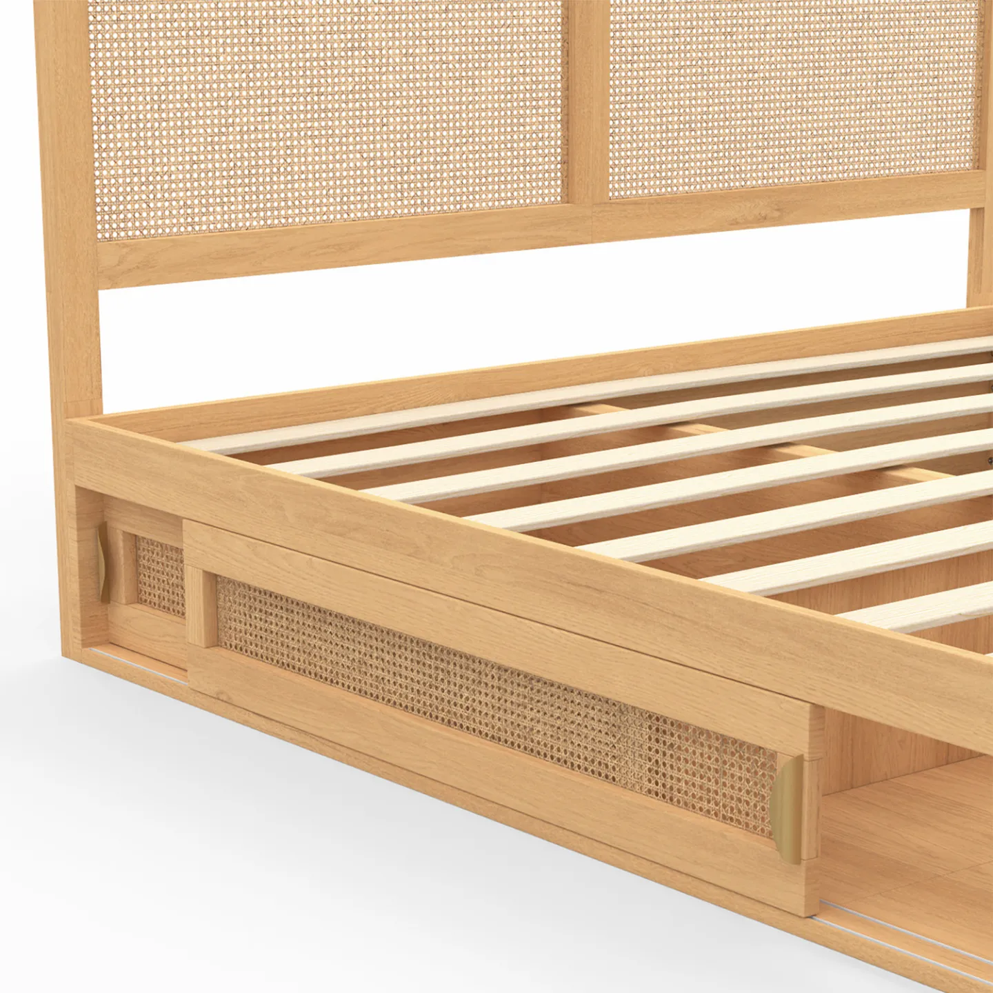 Lit double EDHEN avec rangements + tête de lit cannage et sommier 140 x 190 cm coloris bois