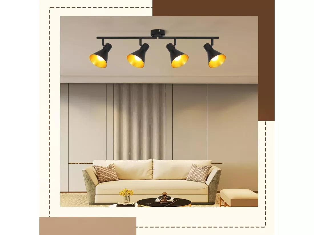 NETTLIFE 4 Spots Plafonnier Salon Noir Vintage 71CM E14 Métal Pivotant à 330°Industriel pour Chambre Cuisine Couloir