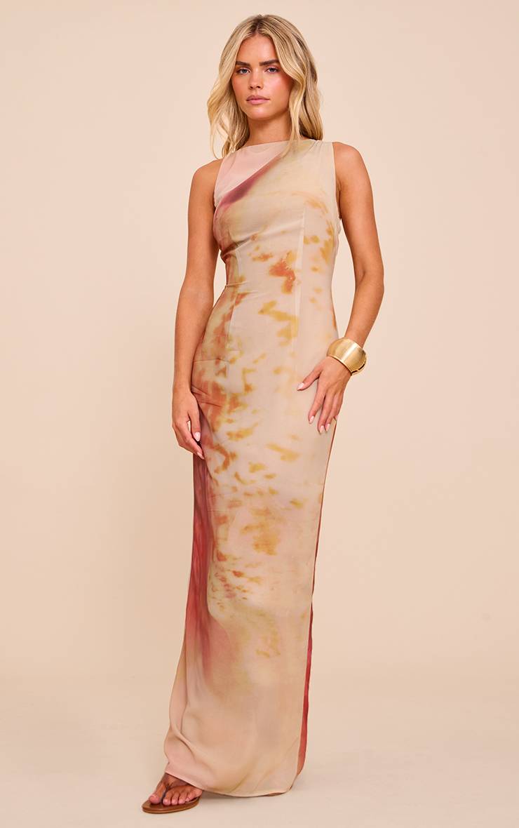Naturel Robe Longue En Mousseline Imprimée Abstraite Petite Taille