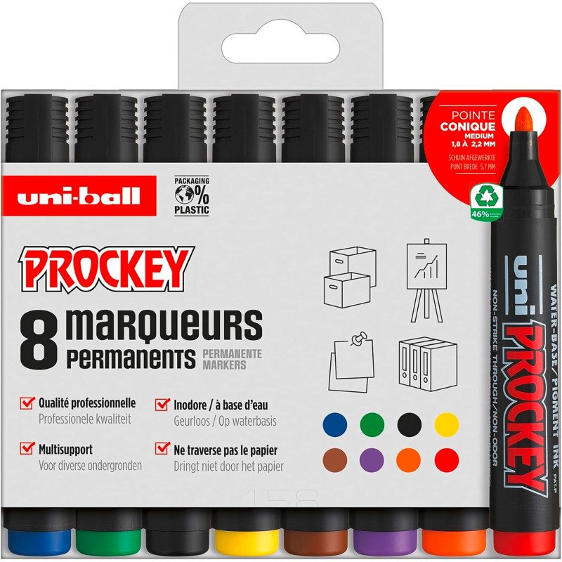 Marqueur permanent Uni Ball Prockey  pointe ogive 1,8 à 2,2 mm couleurs assorties - Pochette de 8